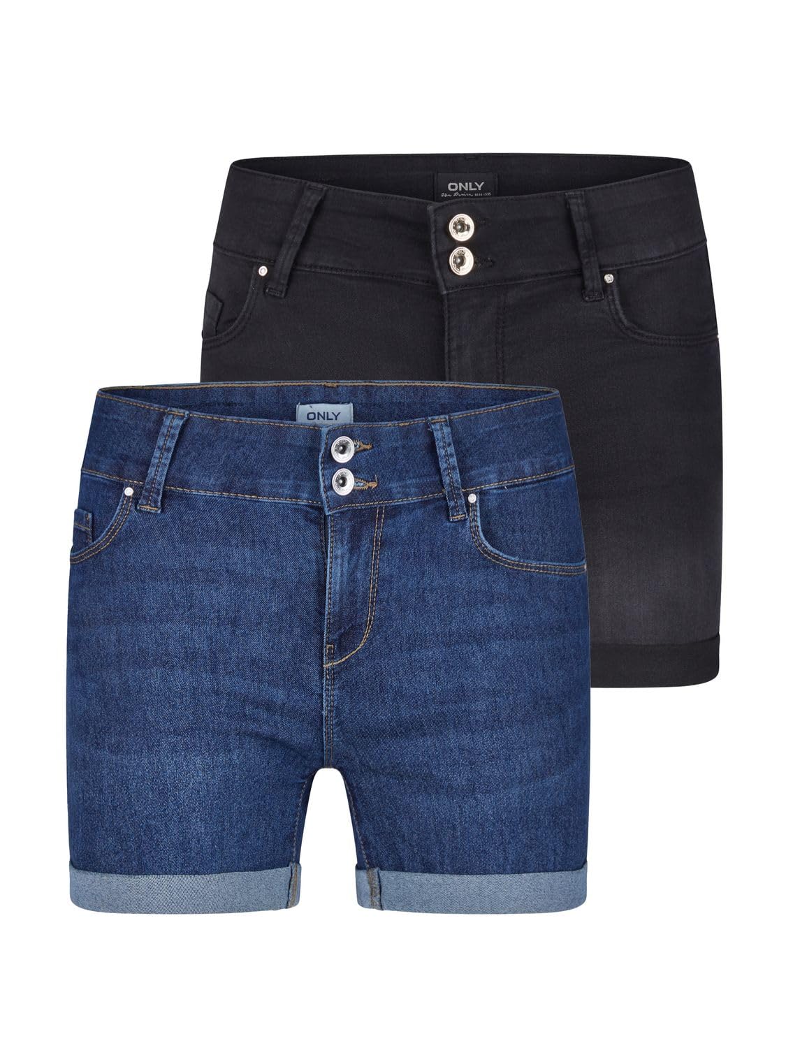 ONLY Jeans Shorts Damen Stretch Kurz Skinny Fit Mid Waist ONLCARMEN 2er Pack Kurze Hose Sommer Basic Denim Blau Schwarz S M L XL XXL