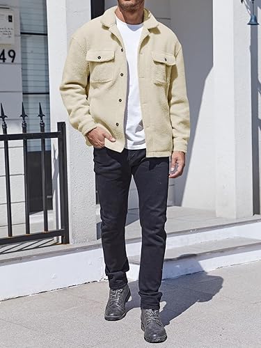 Miniatura 4 de Runcati Chaqueta de forro polar Sherpa para hombre, casual, con botones, para otoño e invierno, suave, con bolsillo