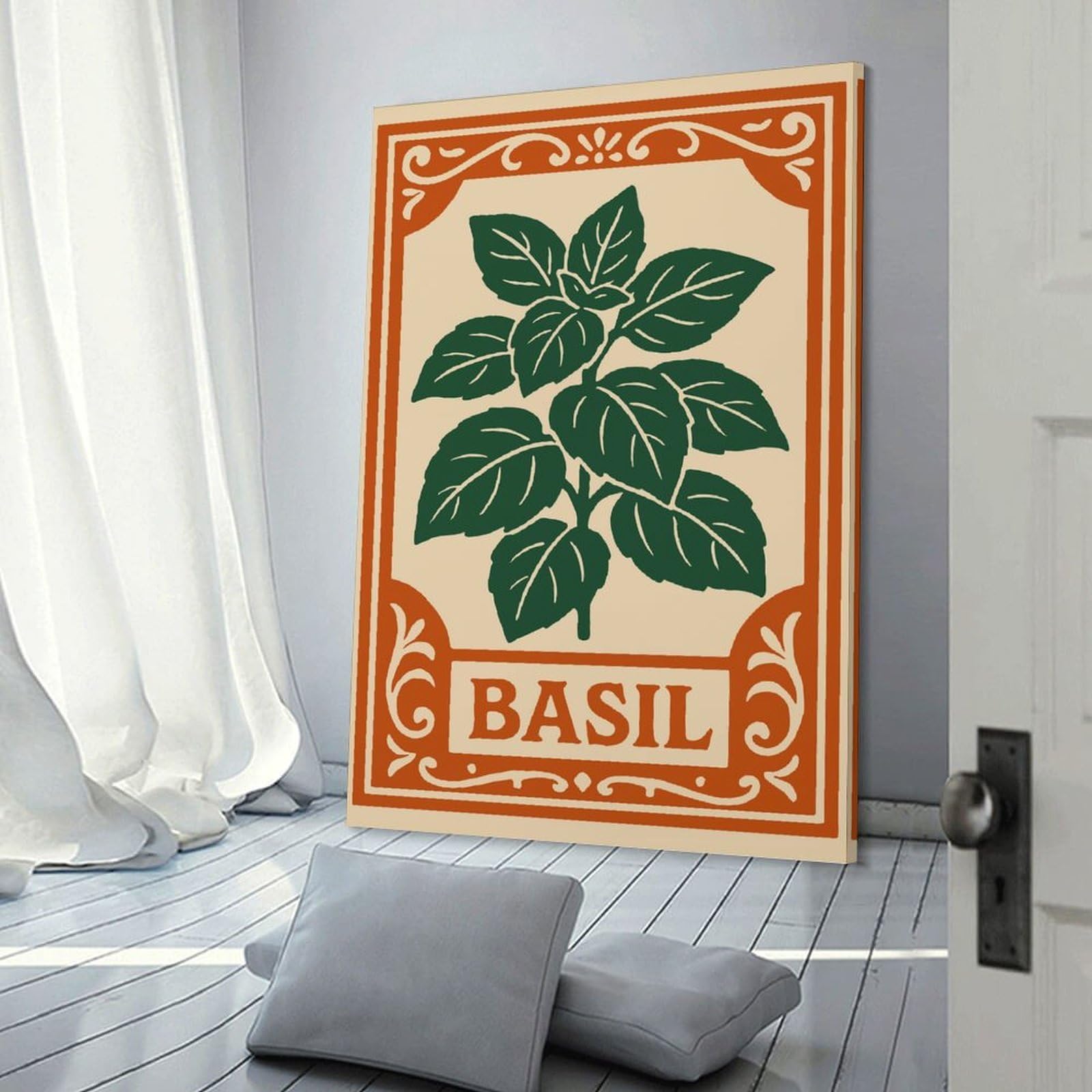 Junmoney Basil Herb Illustration Canvas Art Print, 12x18inch(30x45cm), for Living Room, Bedroom, Office Or Hallway, Decorative Artwork with Broad Appeal