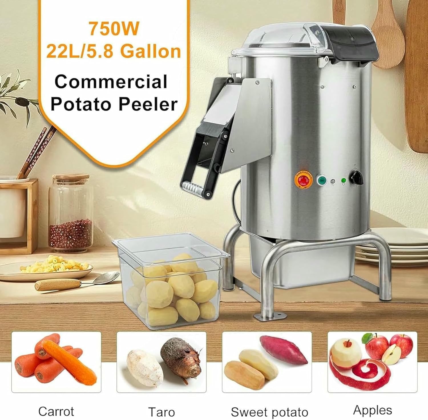 Commercial Electric Potato Peeler, 750W, Automatic, Stainless Steel, 70-100 Kg/H, to Peel Sweet with Ginger and Taro