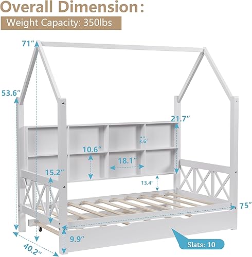 Miniatura 9 de Cama individual con cama nido y techo para niños, marco de cama de madera tamaño individual con estantes de almacenamiento, barandillas de madera,