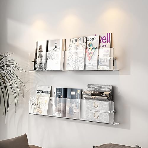 QQXX Estantes flotantes de acrílico transparente, 2 paquetes, soporte para folletos de acrílico transparente, estante para revistas, estantería de