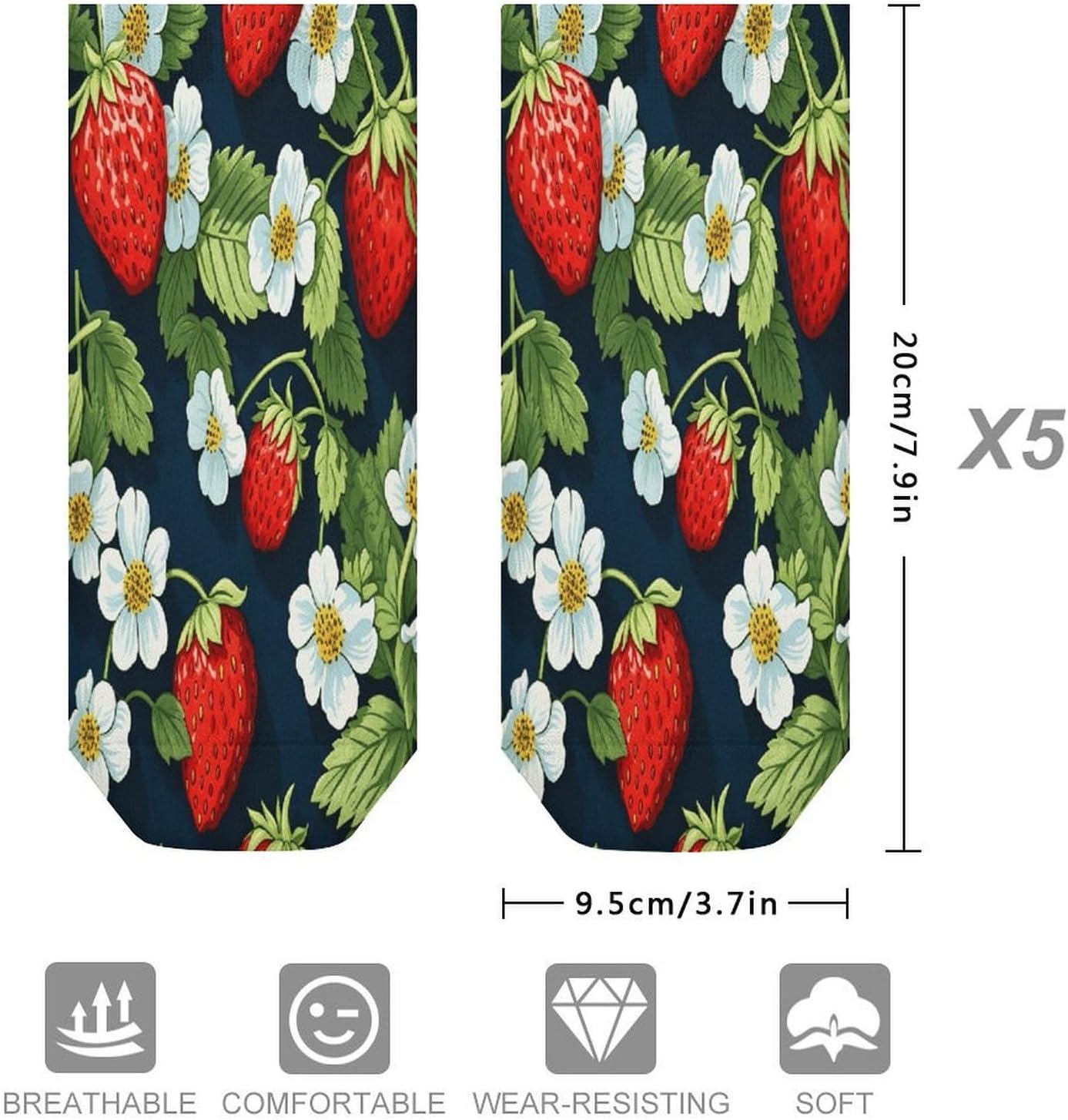 Strawberry Pattern 5Pairs Low Cut Ankle Socks for Women No Show Casual Breathable Athletic Socks for Sport