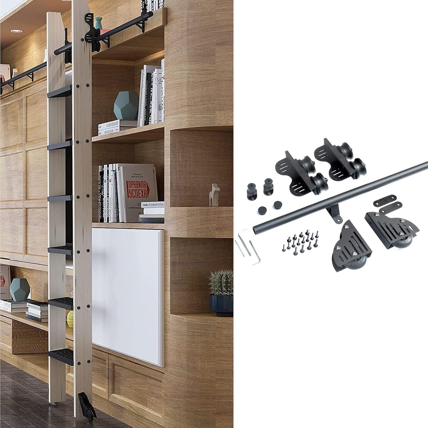 Retractable Rolling Library Ladder Hardware Kit Sliding Ladder Rail Accessories, Sliding Barn Door Hardware (600cm(19.7 ft) track kit)