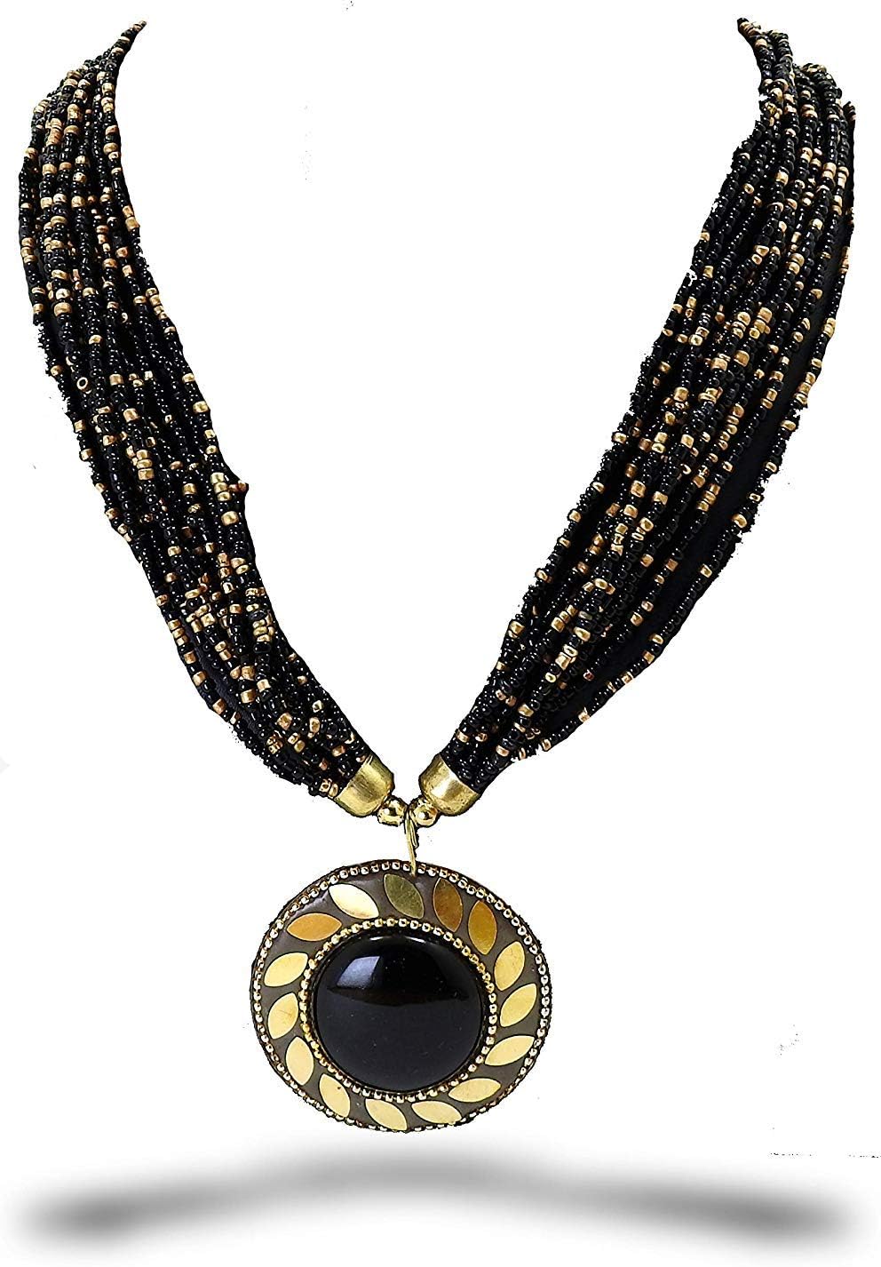 Women's Non-Precious Metal, Tibetian Beads Oxidized Silver and Necklace (Black_85.0 gm)