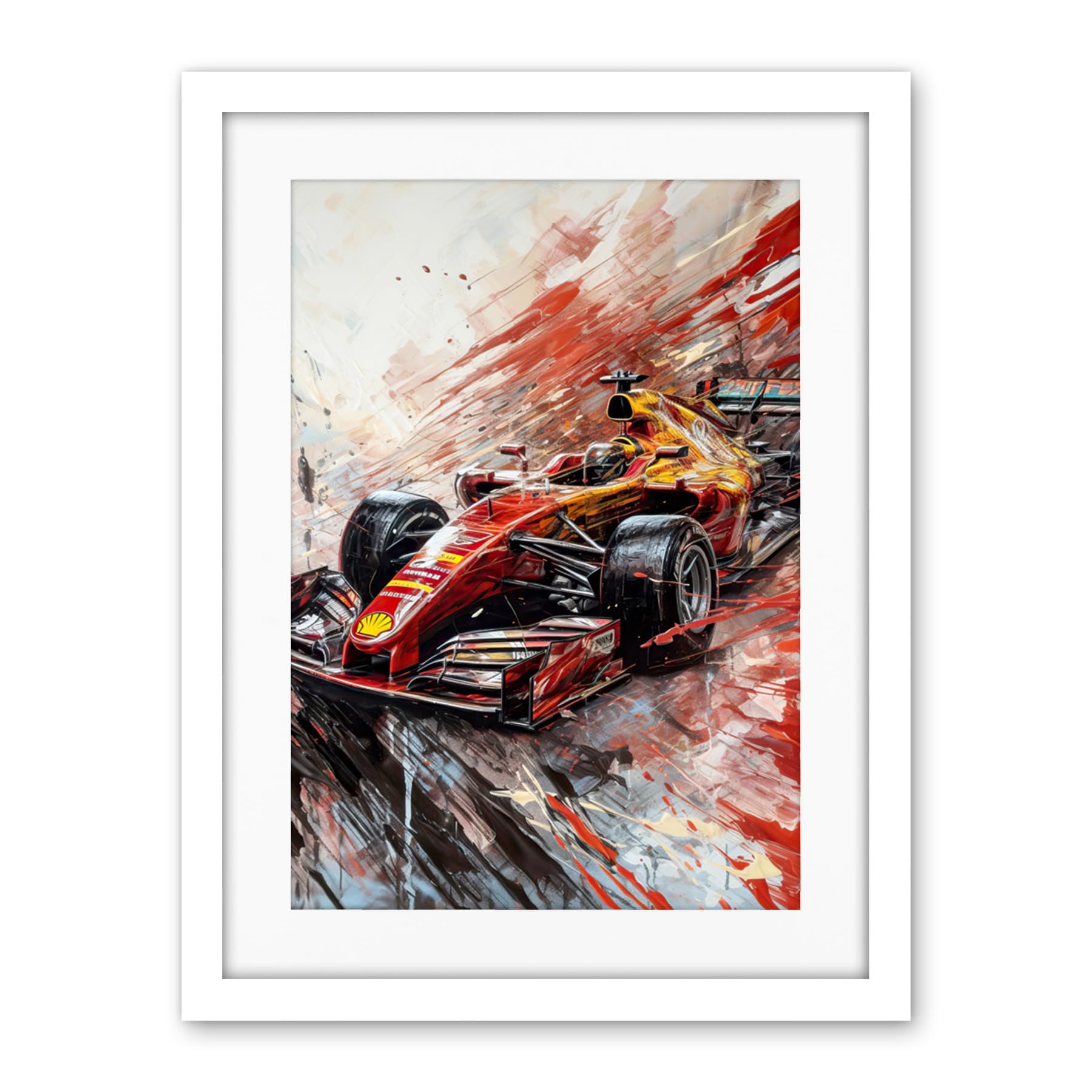 Artery8 Grand Prix Red Race Car Action Shot Paint Splat Artwork Framed Wall Art Print 18X24 Inch