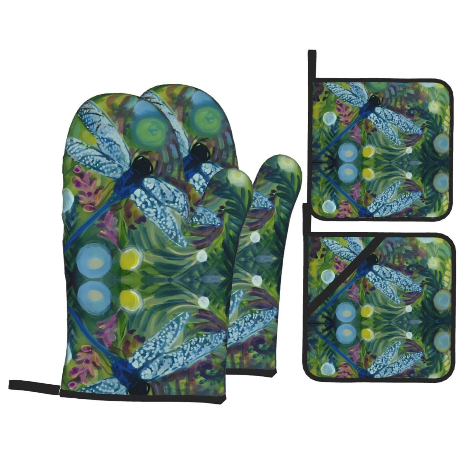 HJFCZH Hand painted blue dragonfly Prints Kitchen Throw Set: Durable Oven Layers with Waterproof Polyester – 4 Piece Heat Protection System