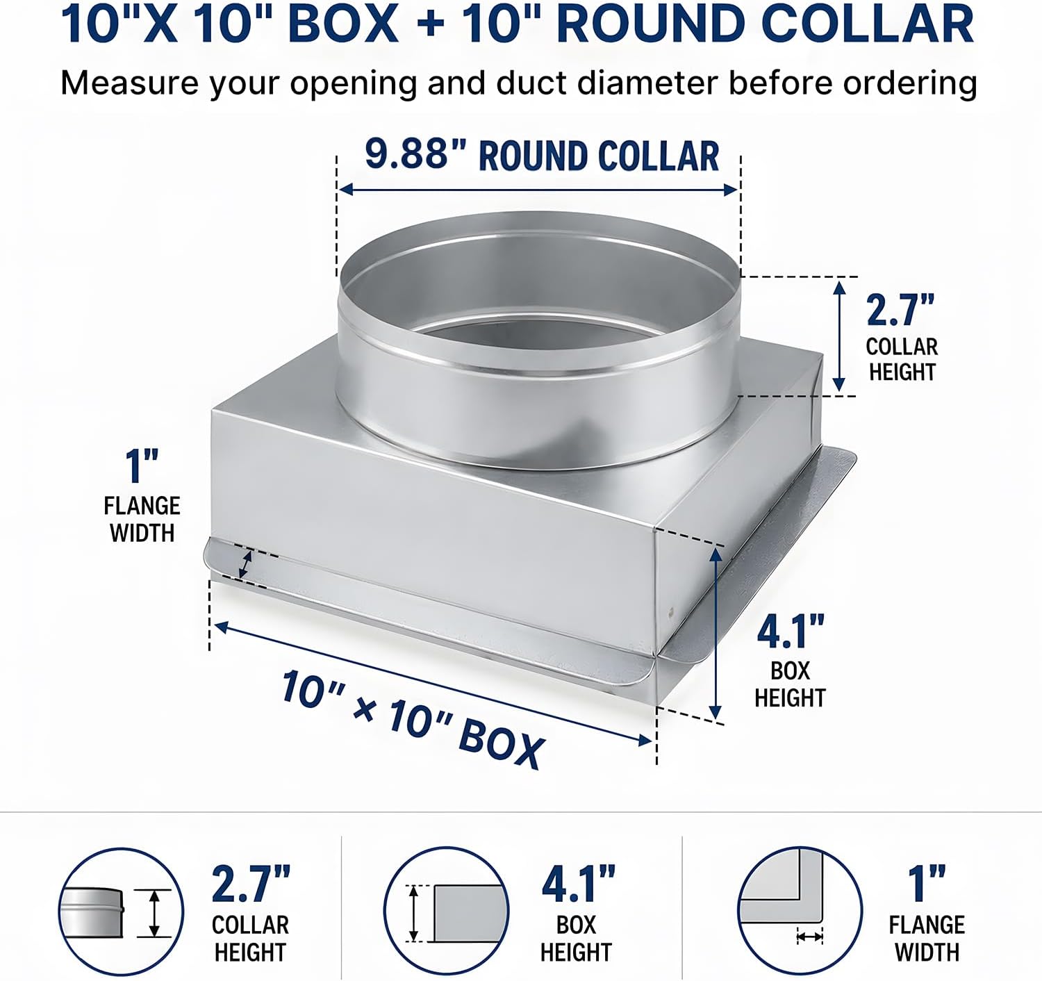 10" x 10" Ceiling Register Box with 10" Round Collar, Galvanized Steel HVAC Duct Boot for Ceiling Registers and Diffusers