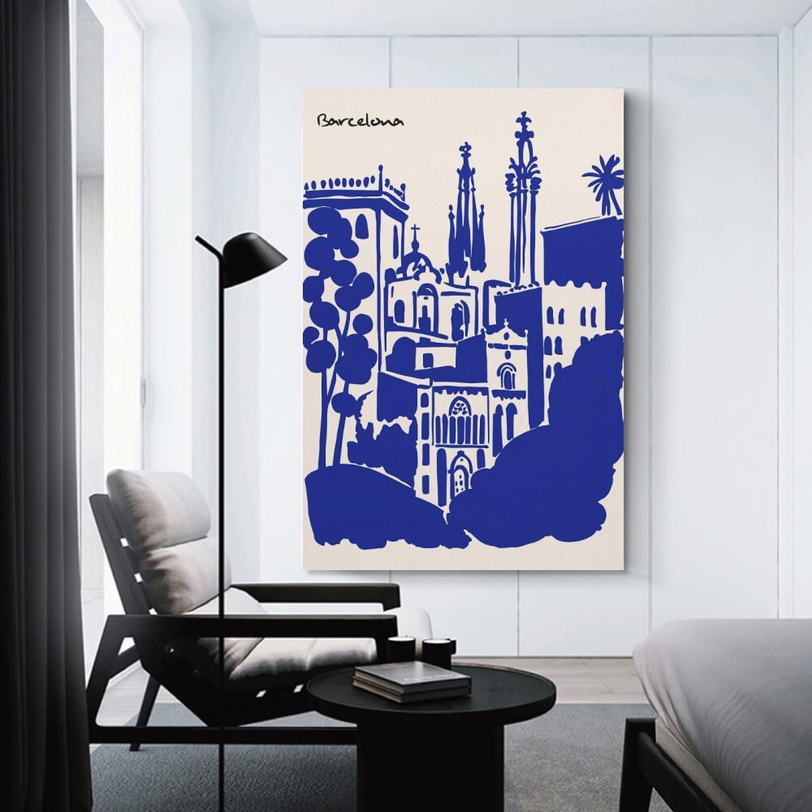 Junmoney Unframe-Style-18 Decorative Canvas Print Barcelona Cityscape Blue Silhouette Illustration, 20X30inch(50X75cm), For Home Office, Desk Area Or Studio, Home Office Artwork With Decorative Appeal