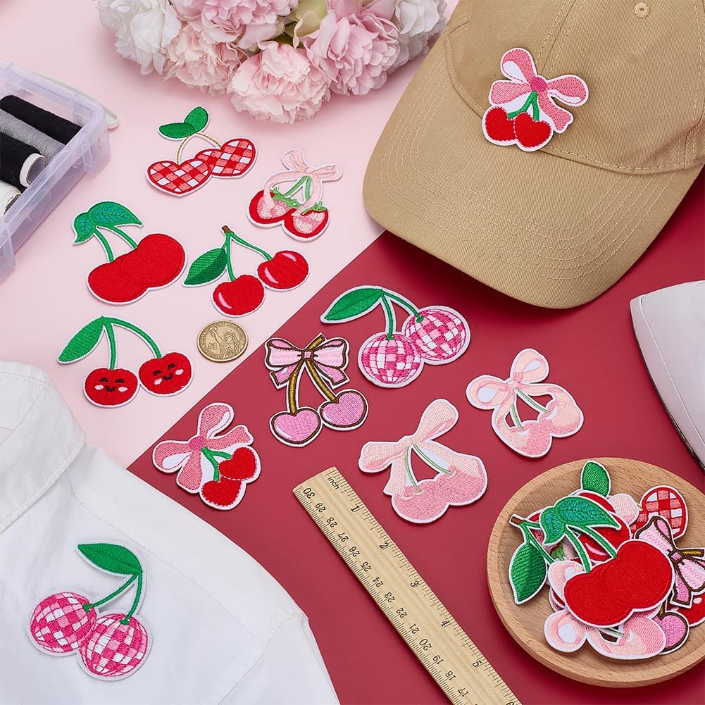 FINGERINSPIRE 20 PCS Cherry Embroidered Patch 10 Style Iron on/Sew On Embroidery Cherry Shape Applique Patches Polyester Cute Fruits Embellishment for DIY Crafts Clothes Dress Costume Decoration