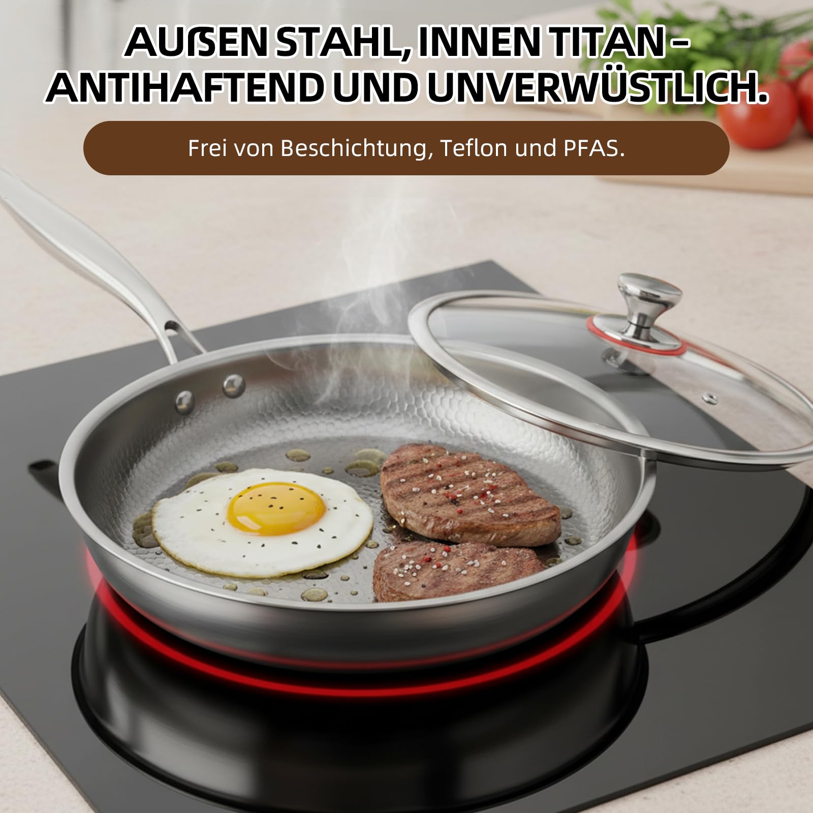 Unbeschichtete Titan-Bratpfanne, gehämmert – natürliche Antihaftwirkung, mit Glasdeckel und Pfannenwender, geeignet für Induktionsherde und offenes Feuer, ideal für Küche und Camping (30 cm)