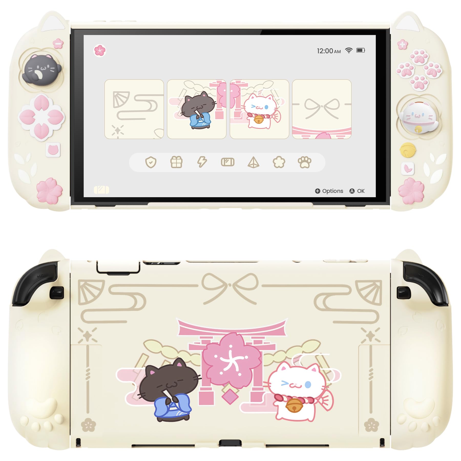 PlayVital Cherry Blossoms Kitten Protective Case for Nintendo Switch 2 with Stand | Cute Cat Ear & Paw Silicone Grips, Dockable Hard Shell, 2 Joystick Caps, Full-Body Protection Cover - Antique Yellow - 1