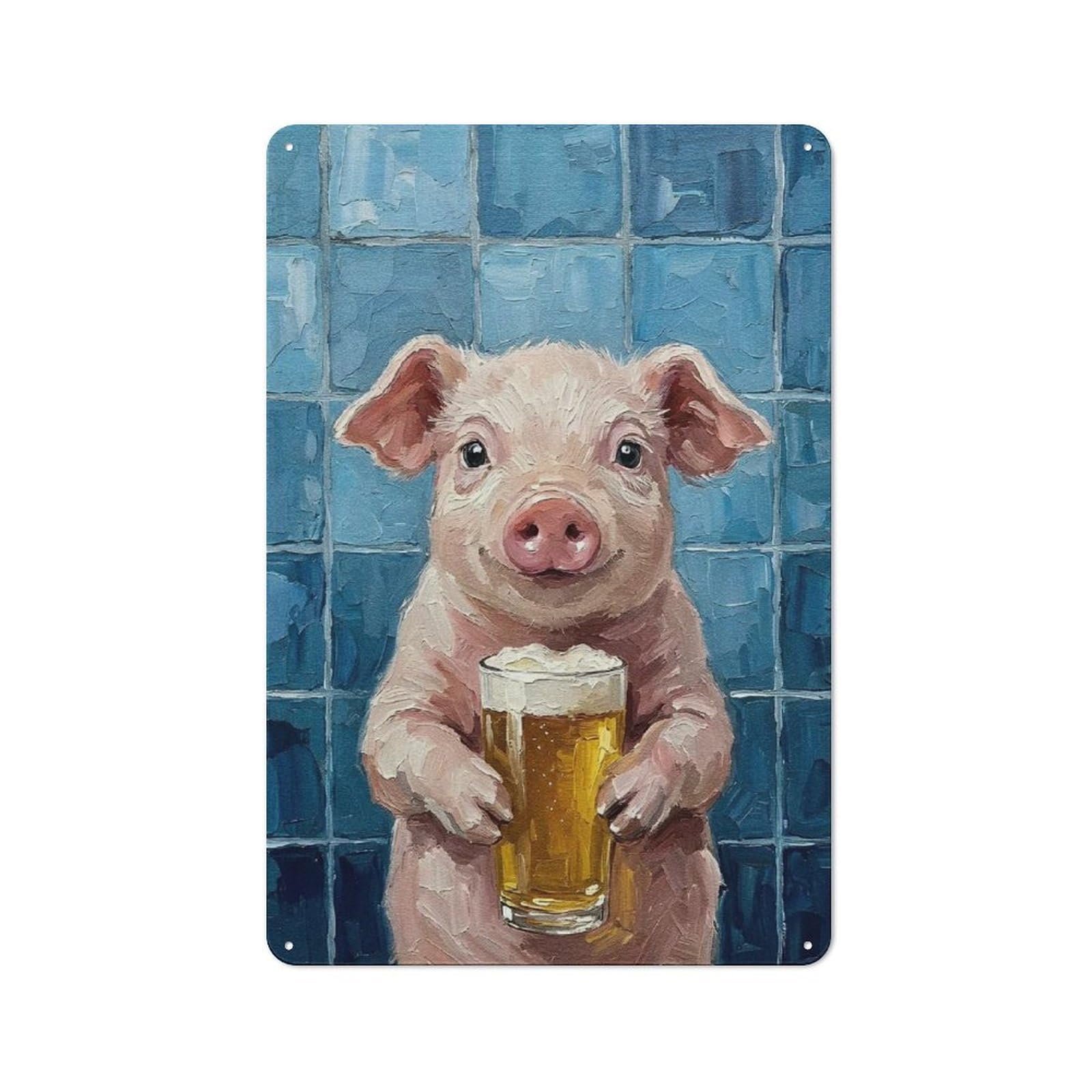 Country Country Metal Sign 30x20cm Featuring Pig with Beer Painting, Rustic Kitchen Decor for Cottage, Kitchen, Hallway Or Breakfast Nook