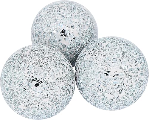 Juego de 3 bolas decorativas de mosaico de vidrio de 3.15 pulgadas de diámetro para cuencos, jarrones y centros de mesa de comedor (blanco plateado)