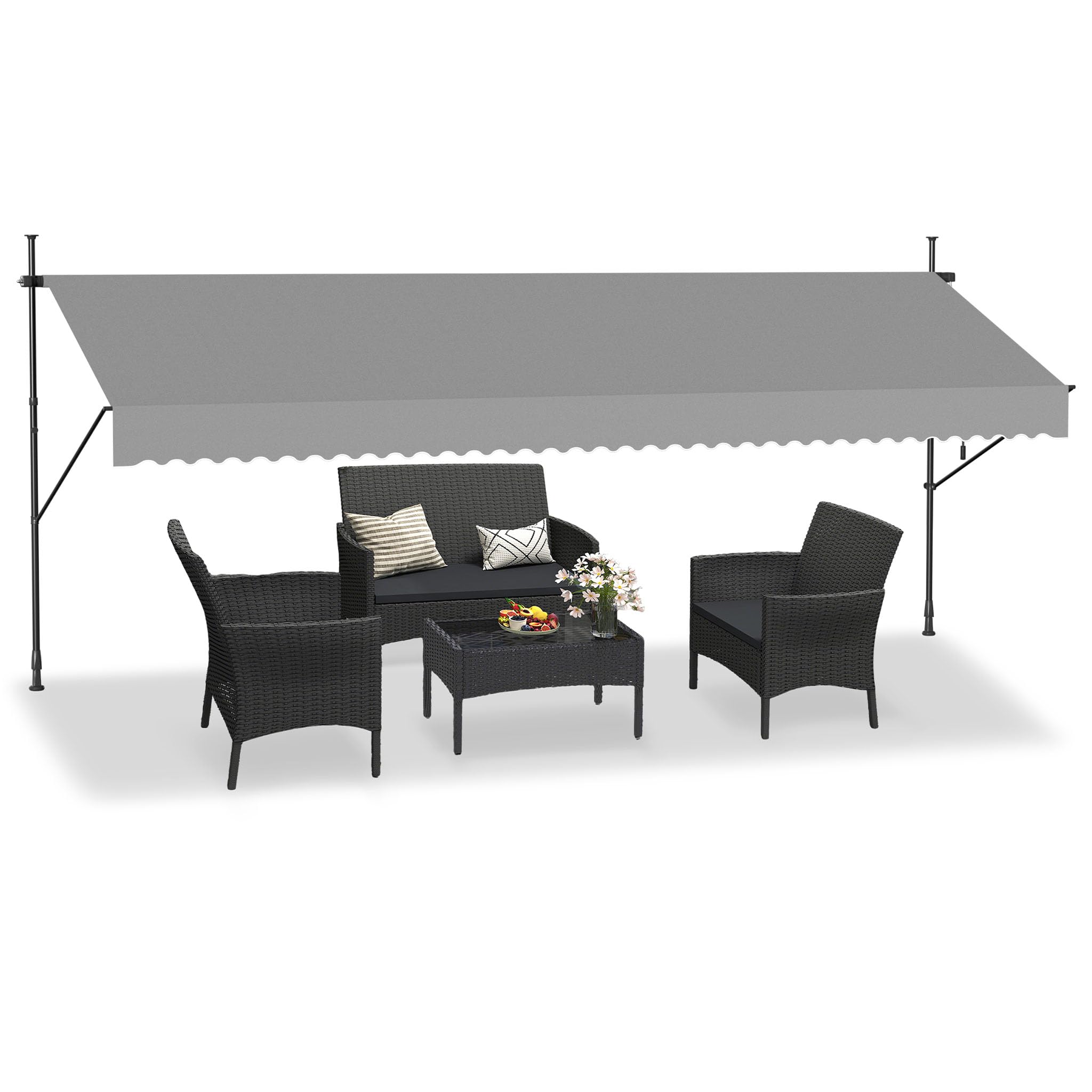 HENGMEI Telescopic Awning 400 x 120cm Retractable Clamp-On Balcony Awning with Hand Crank, No-Drill UV Protection Sun Shade Canopy for Patio, Garden Terrace Shelter Adjustable, Grey