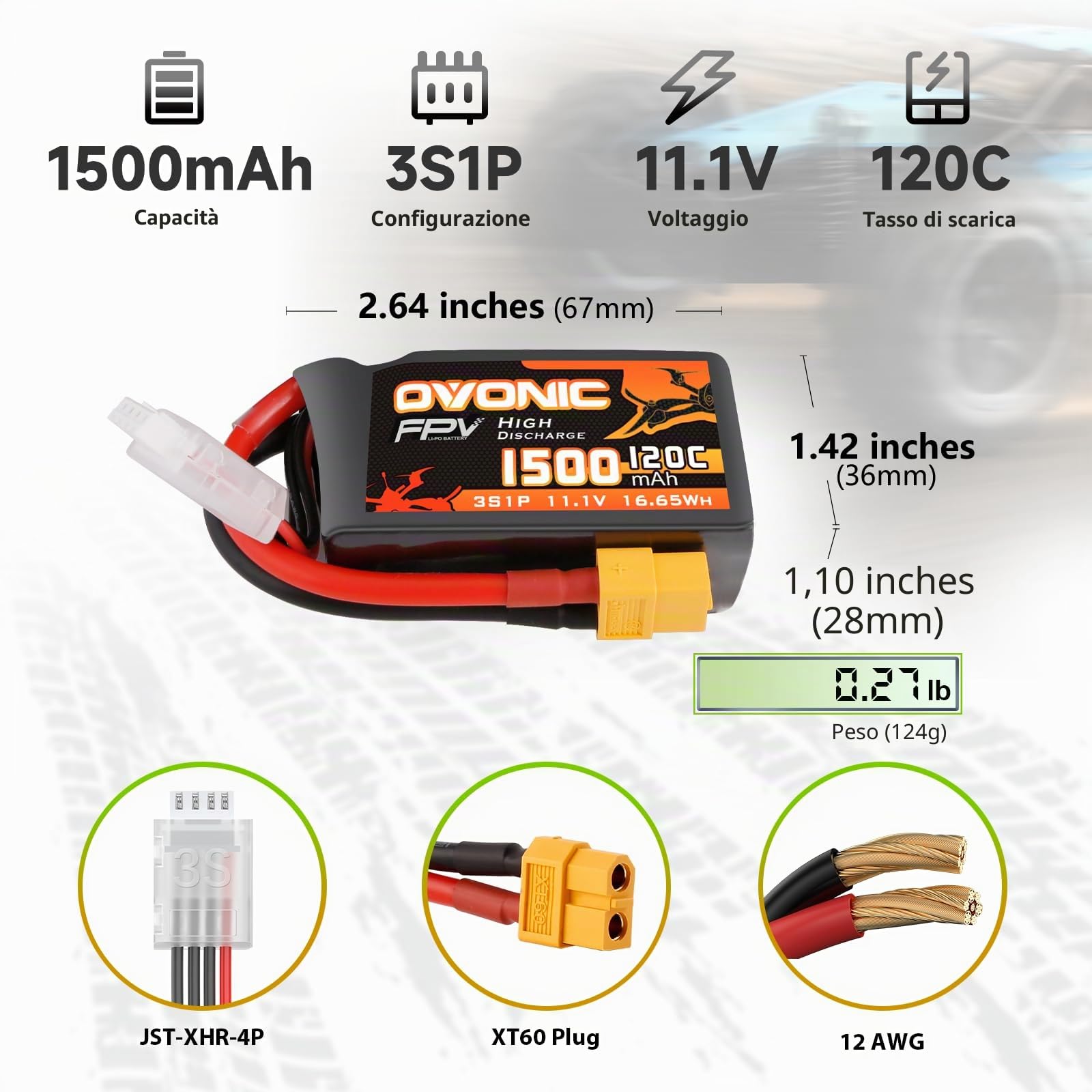 OVONIC Batteria Lipo 3s 1500mAh 120C 11.1V con Spina XT60 per FPV RC Aereo Auto RC Quadcopter Elicotteri Camion Barca Hobby (2 pcs）