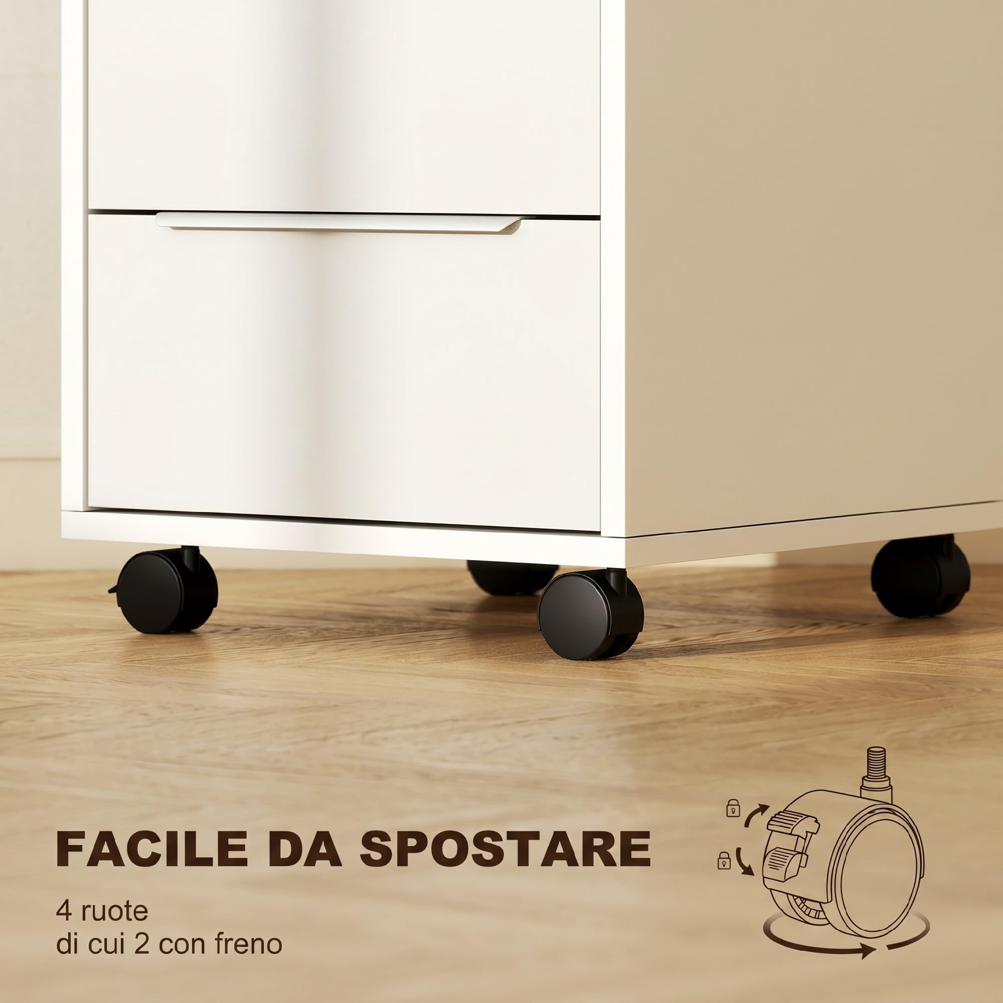 HOMCOM Schedario da Ufficio con 3 Cassetti 40x40x63.5 cm Bianco e Grigio | 4 Ruote, Cassettiera Ufficio, Serratura con 2 Chiavi, Documenti Lettera/A4, Armadietto Verticale da Studio