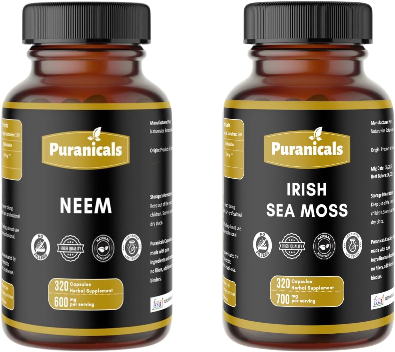 Neem 320 Capsules and Irish Moss 320 Capsules Pack | Herbal Duo | Easy Daily Use | Non-GMO Ingredients, No Artificial Colors | Capsules Combo Pack