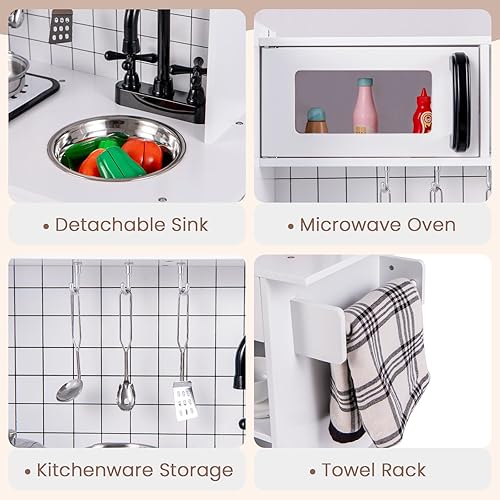 Miniatura 4 de INFANS Juego de cocina para niños, juego de cocina de madera para niños con luz y sonidos realistas, ollas y fregadero para microondas, juego de