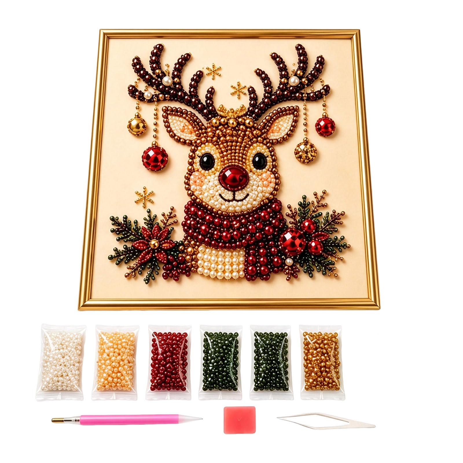 DIY Christmas Pearl Diamond Painting Art Kit with Frame, Home Decoration Art Craft Kit, Handmade Diamond Dot Beads Painting, Christmas Decoration