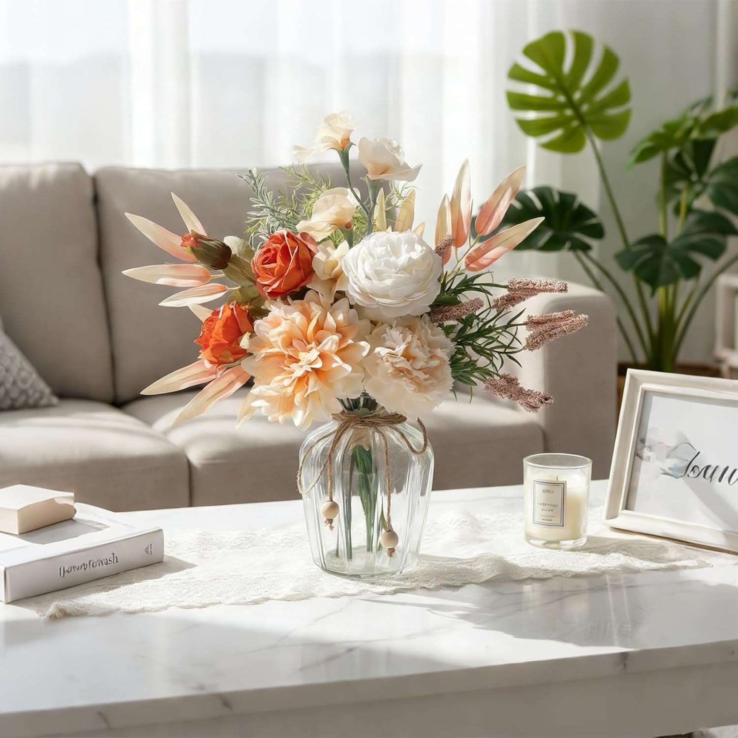 Faux Flowers in Vase,Fake Flowers with Vase, Silk Artificial Flowers Arrangements in Vase for Office Home Kitchen Decor, Floral Centerpieces for Dining Tables Decor(Orange)