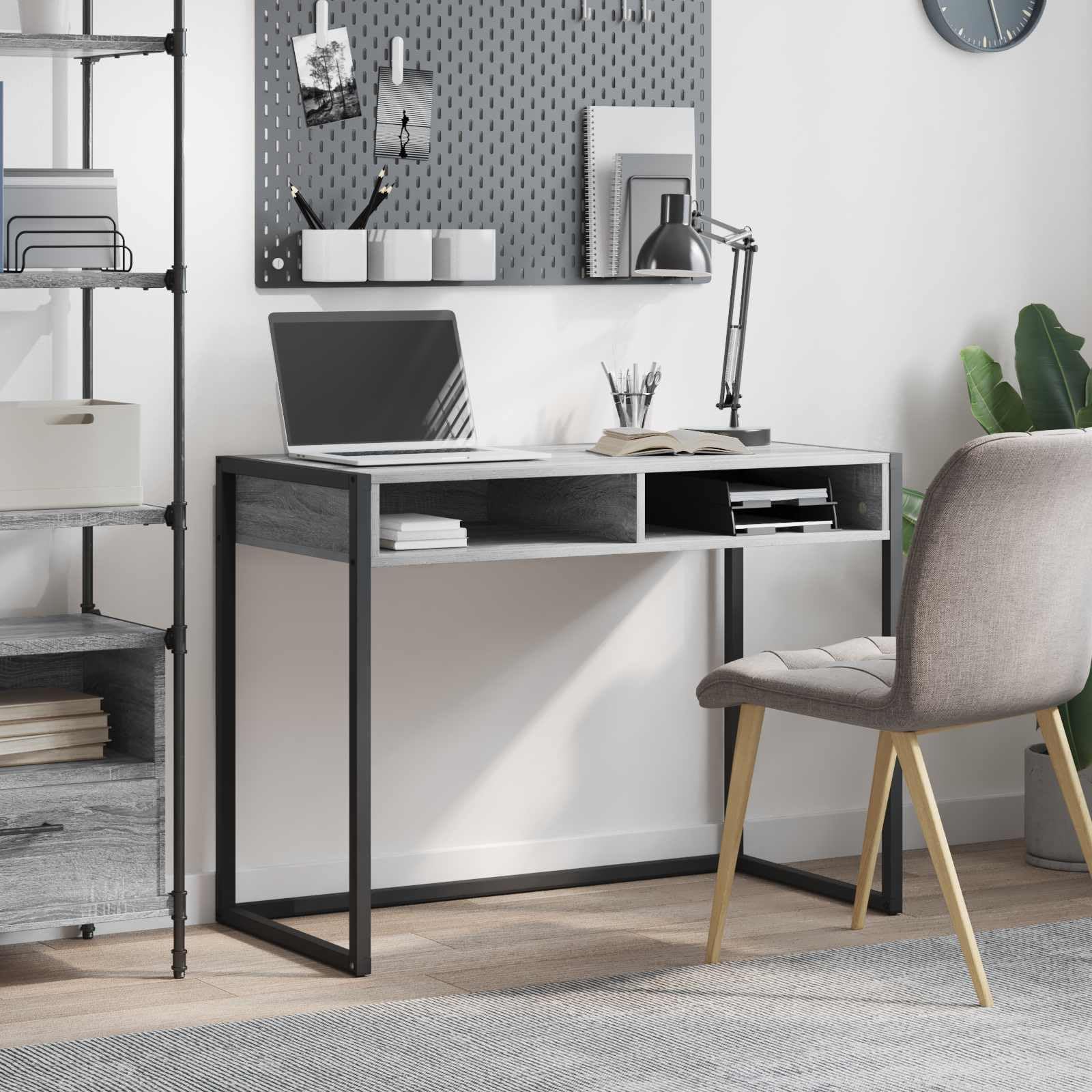 Scrivania grigio sonoma in legno ingegnerizzato 100 x 50 x 75 cm con struttura in acciaio stabile, tavolo lavoro per ufficio, studio, gaming, smartworking, casa, soggiorno