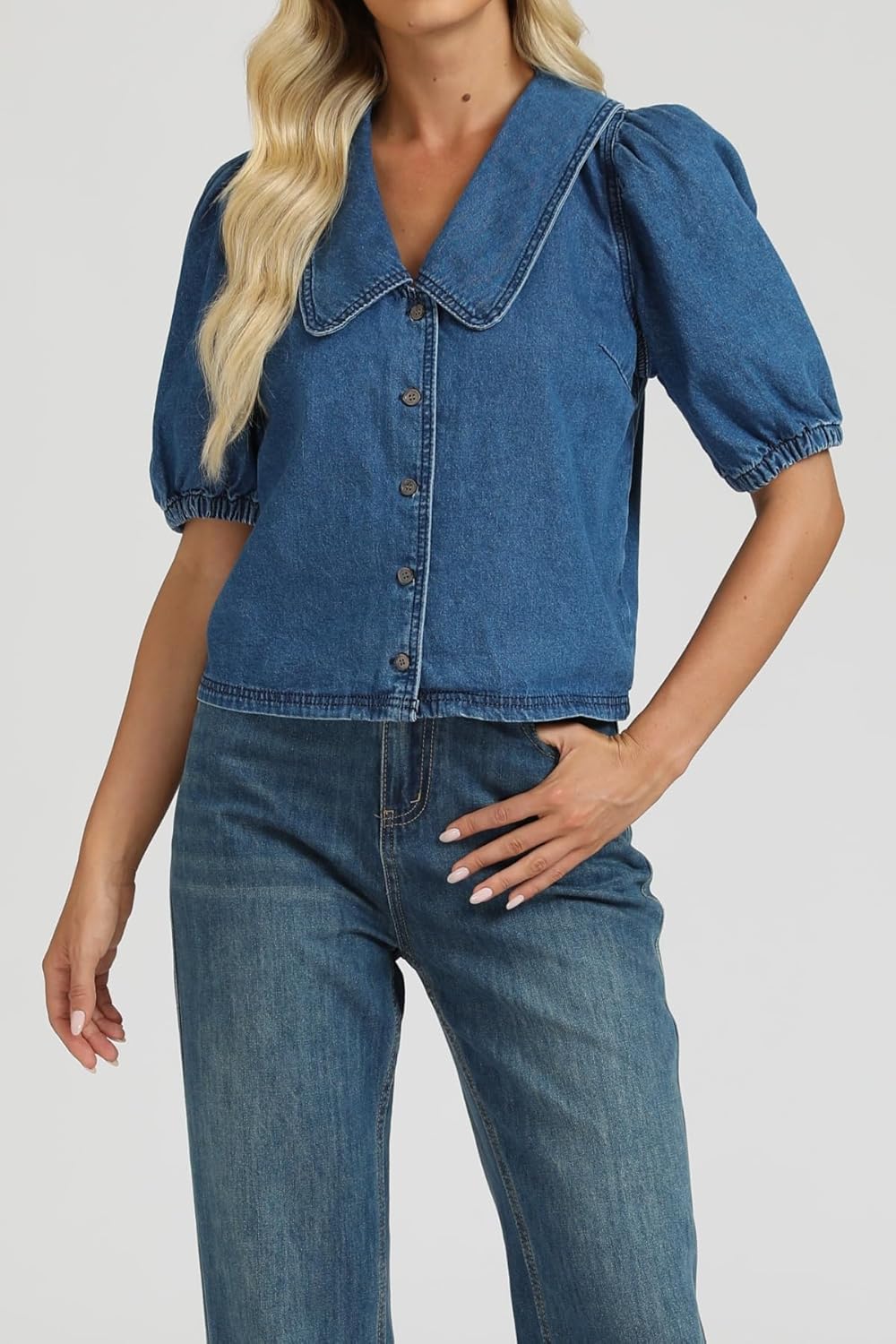 Womens Denim Shirts Button Down Collar Puff Short Sleeve Casual Lightweight Summer Jean Shirt Tops - Image 6