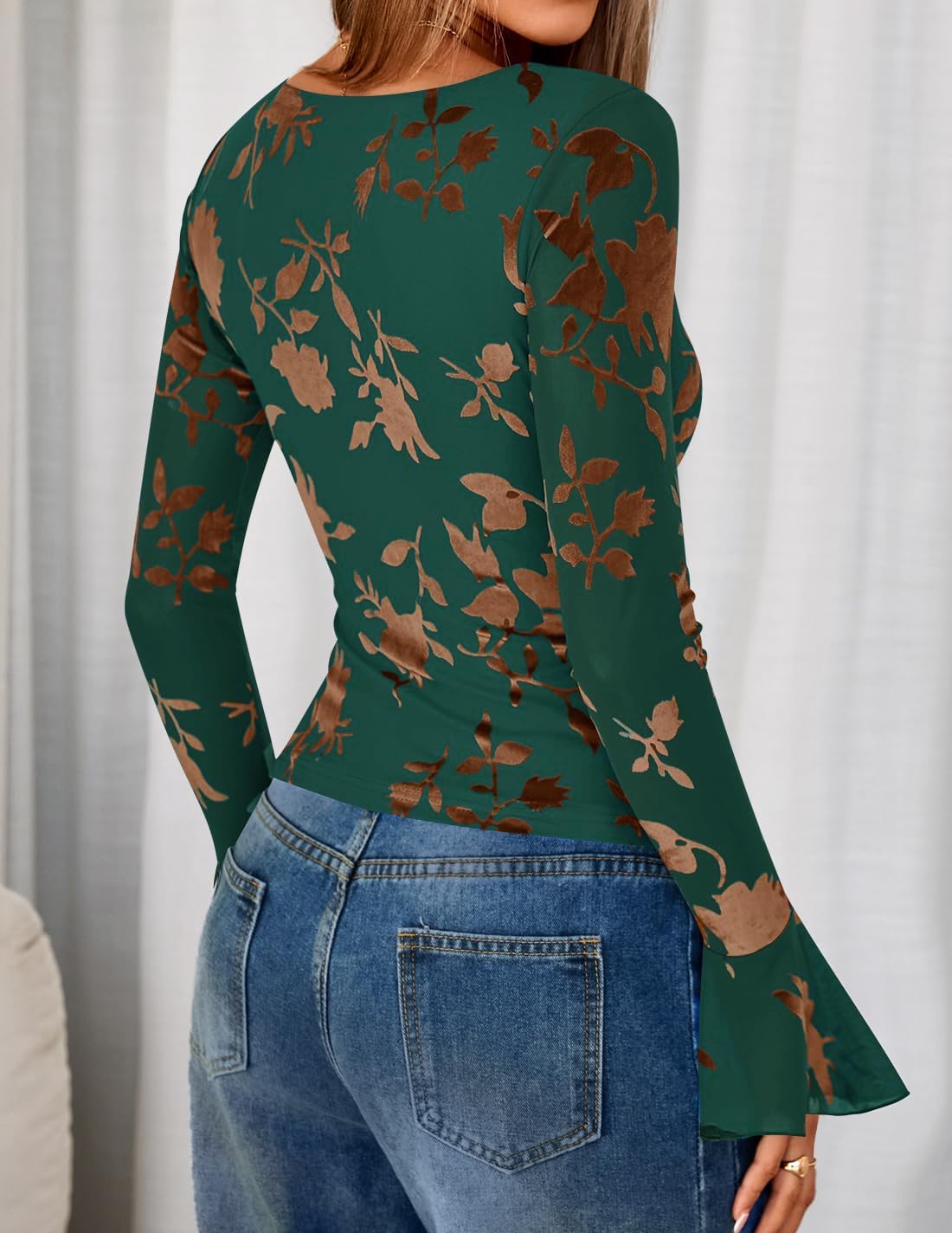 ZESICA Womens Bell Long Sleeve Going Out Tops 2026 Spring Trendy Mesh Floral Fitted Shirts Cute Date Y2k Top Outfits - Image 5