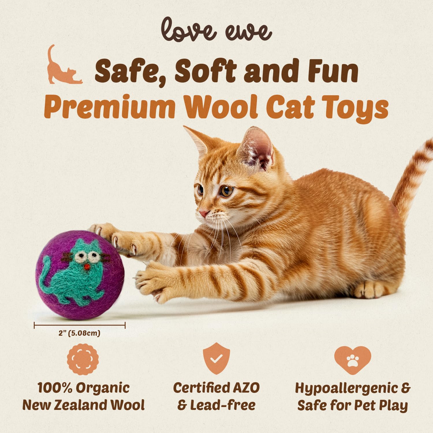Hustle & Blush Love Ewe - Suministros para mascotas, juguetes para gatos, 100% lana de Nueva Zelanda, juguetes para gatos, gatitos, mascotas pequeñas, bolas de lana coloridas hechas a mano para gatos