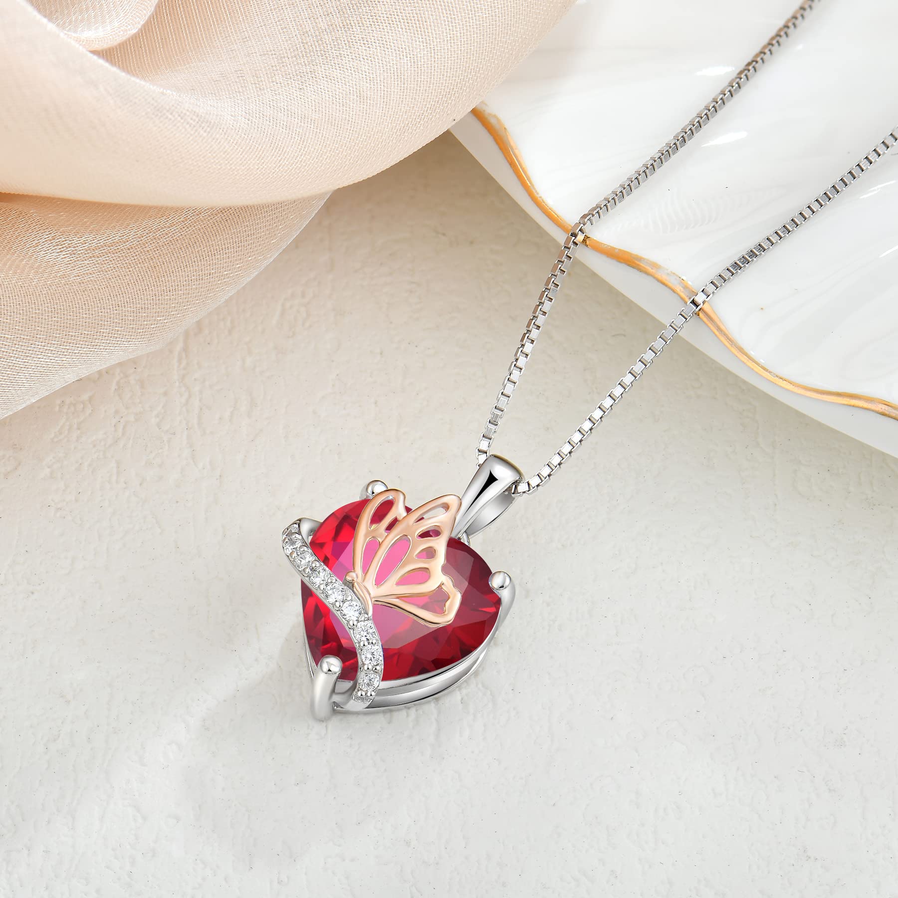 YL Collier Cœur Argent 925 taillé 12 Pierres de Naissance Oxyde de Zirconium Papillon Pendentif pour Femme