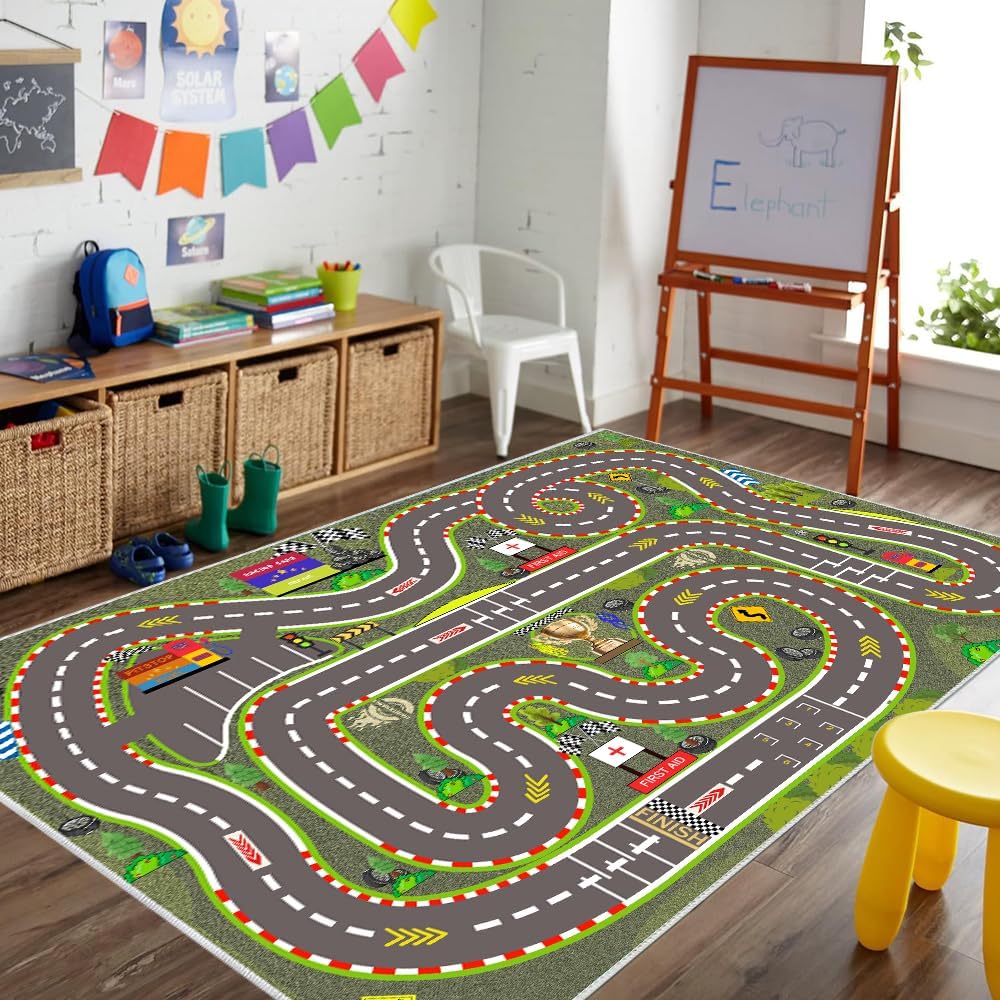Kids Rug, Race Track Playmat Rugs 70×47 in Kids Carpet with Rubber Backing, Start and Finish line Racing Track Marking Car Road Race 3D Play Mat Nursery Rugs for Children Bedroom Playroom
