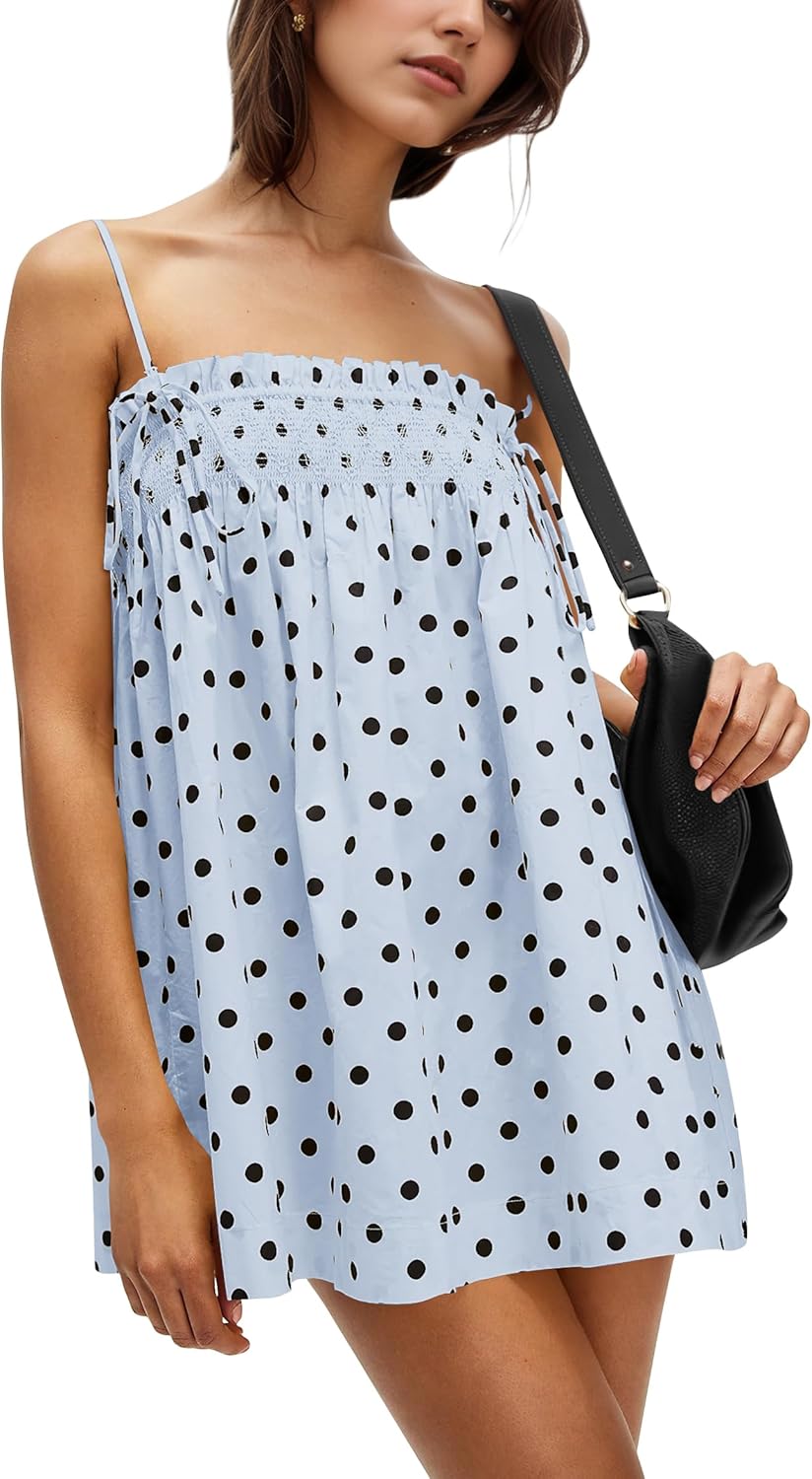 Women Polka Dot Sleeveless Square Neck Backless Spaghetti Strap Smocked Flowy Ruched Sexy Mini Cami Dress