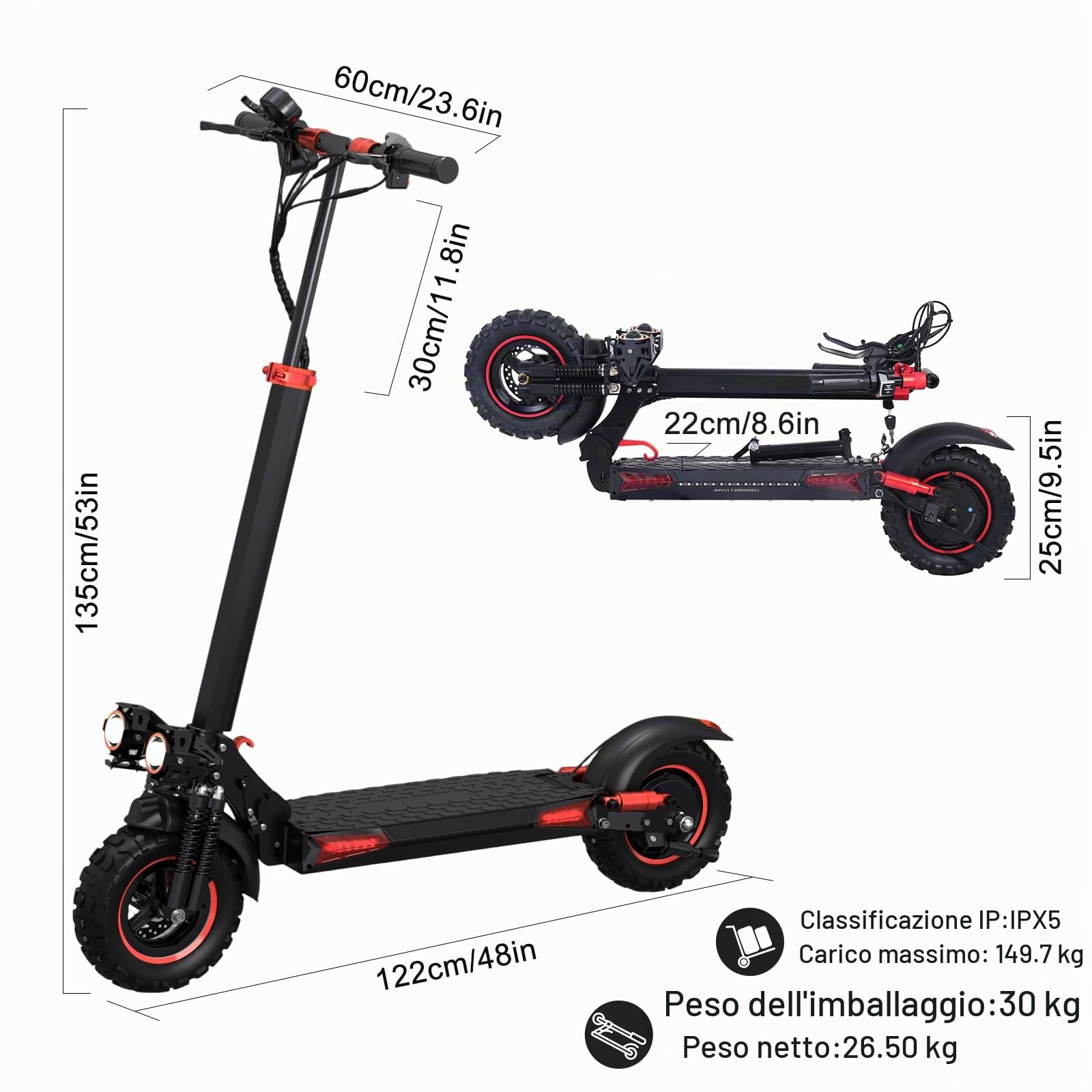 Monopattino Elettrico Adulti Fuoristrada, Batteria 48V 18Ah, Ruote 11" Off-road, Doppia Sospensione, Freni a Disco, Carico 150kg, Modalità Risparmio 25km/h, Scooter Pieghevole Professionale
