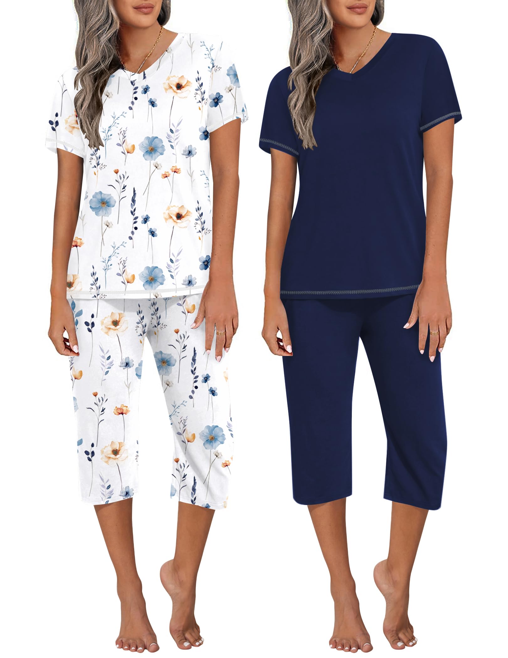 Ekouaer 2 Pack Womens Capri Pajama Sets Short Sleeve Two-Piece Pjs V Neck Tops Pants Printed Lounge Sets