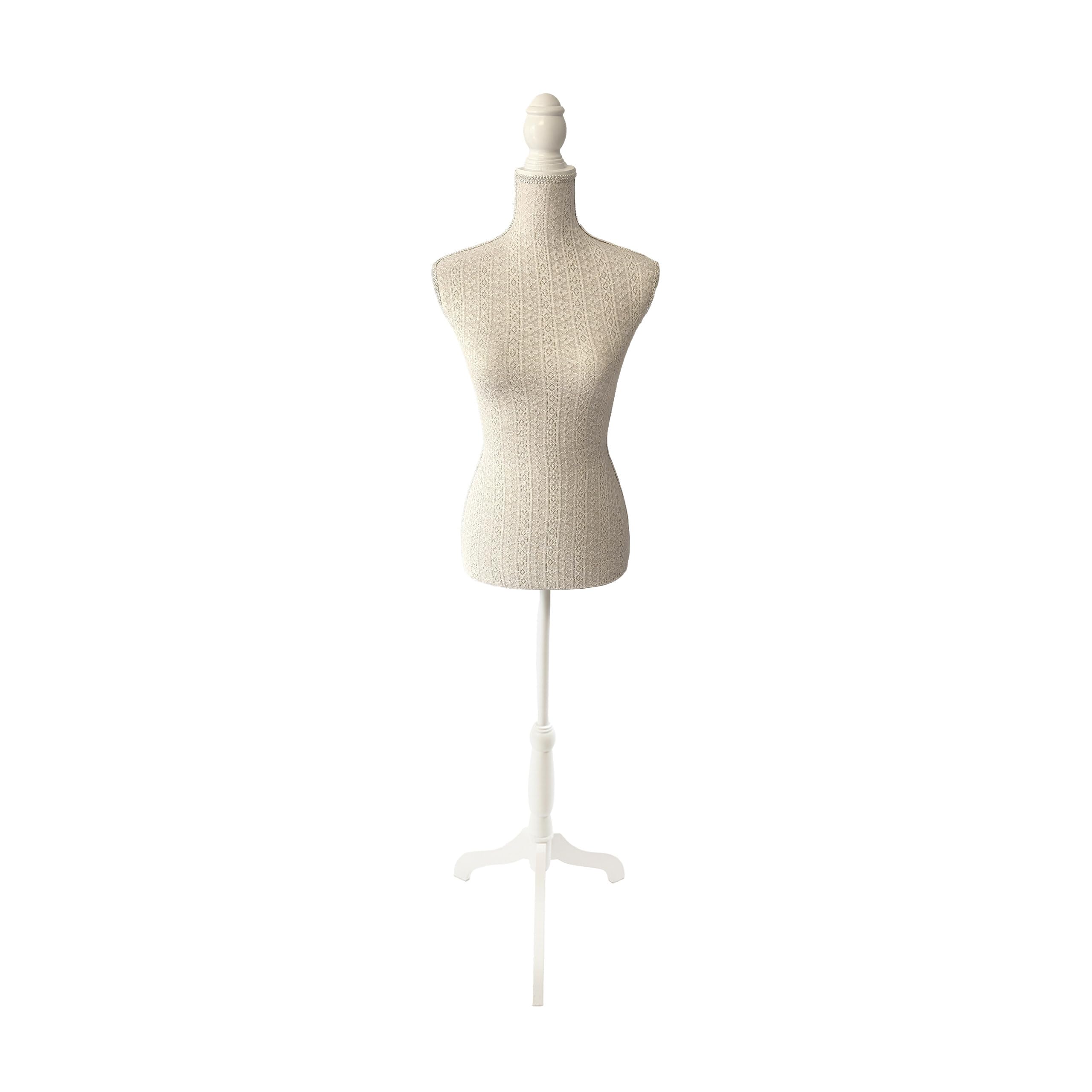 Relaxdays Schneiderpuppe, weiblich, Größe 36/38, verstellbar 130–167 cm, Spitze, Holzständer, Kleiderpuppe, beige/weiß