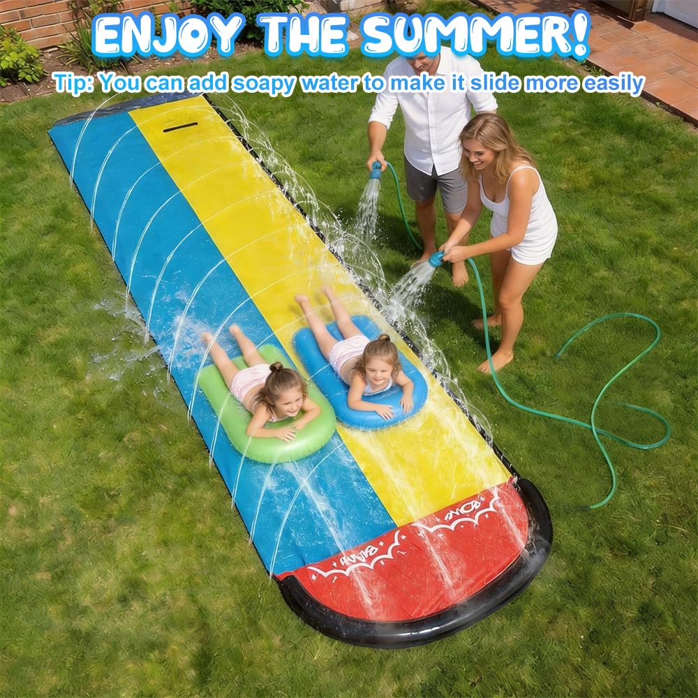 15.7ft/480cm Tapis de Glisse Eau, Double Tapis Glisse Eau avec 2 Planches, Tapis Glissant Eau avec Arroseur, Toboggan Aquatique pour Jardin, Activités Aquatiques