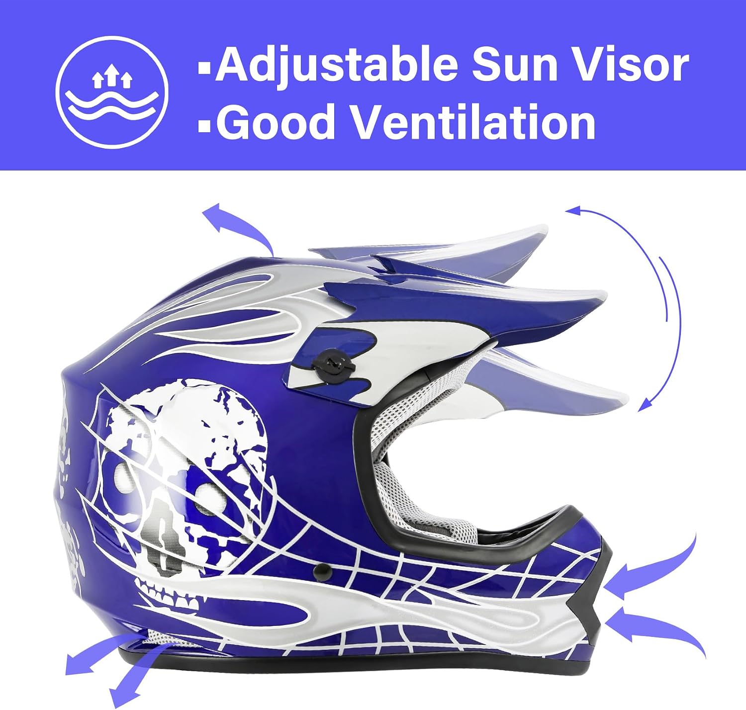TCT-MOTORPARTS DOT Kids Youth Motocross Helmets ATV Off-Road Dirt Bike Motorcycle Full Face Blue Skull Helmet+Gloves+Goggles X-Large