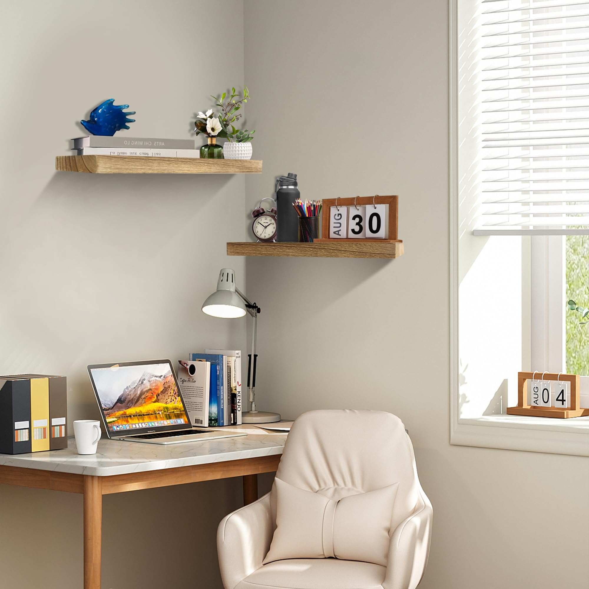 Quibbay Estantes flotantes para pared, juego de 2 estantes de pared de madera, estante colgante de 15.7 pulgadas con soportes invisibles, estantes flotantes para decoración de pared para baño, sala de