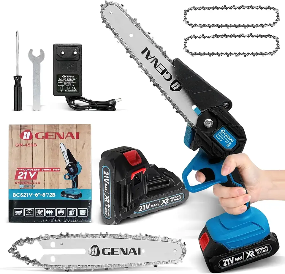 Motoserra Portatil a Bateria Mini Motosserra 21V Brushless Motosserra Elétrica Portátil 6+8 Polegadas 2 Bateria GN-450B