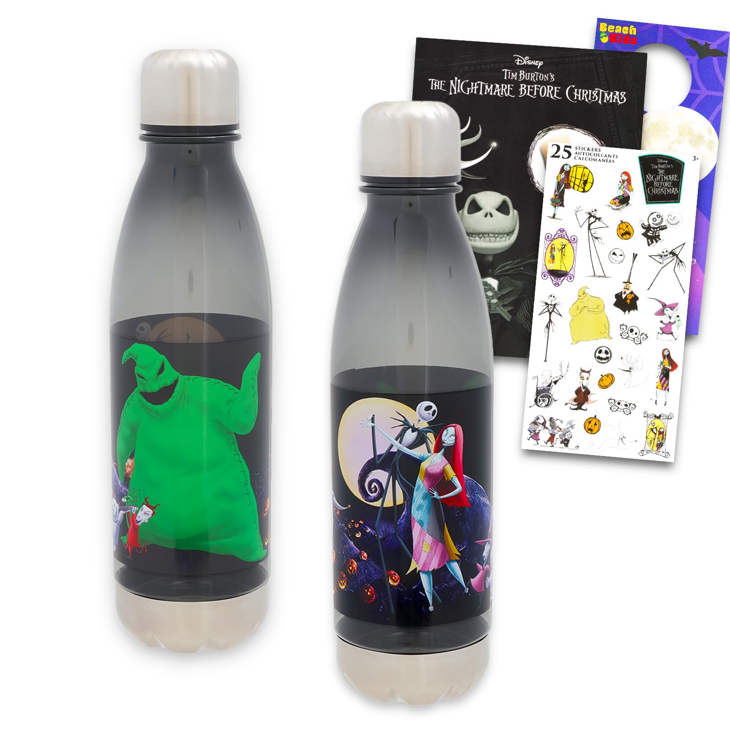 Disney Nightmare Before Christmas Water Bottles for Kids - Bundle with 2 Jack Skellington Reusable Canteens for Home, School Plus Stickers, More |