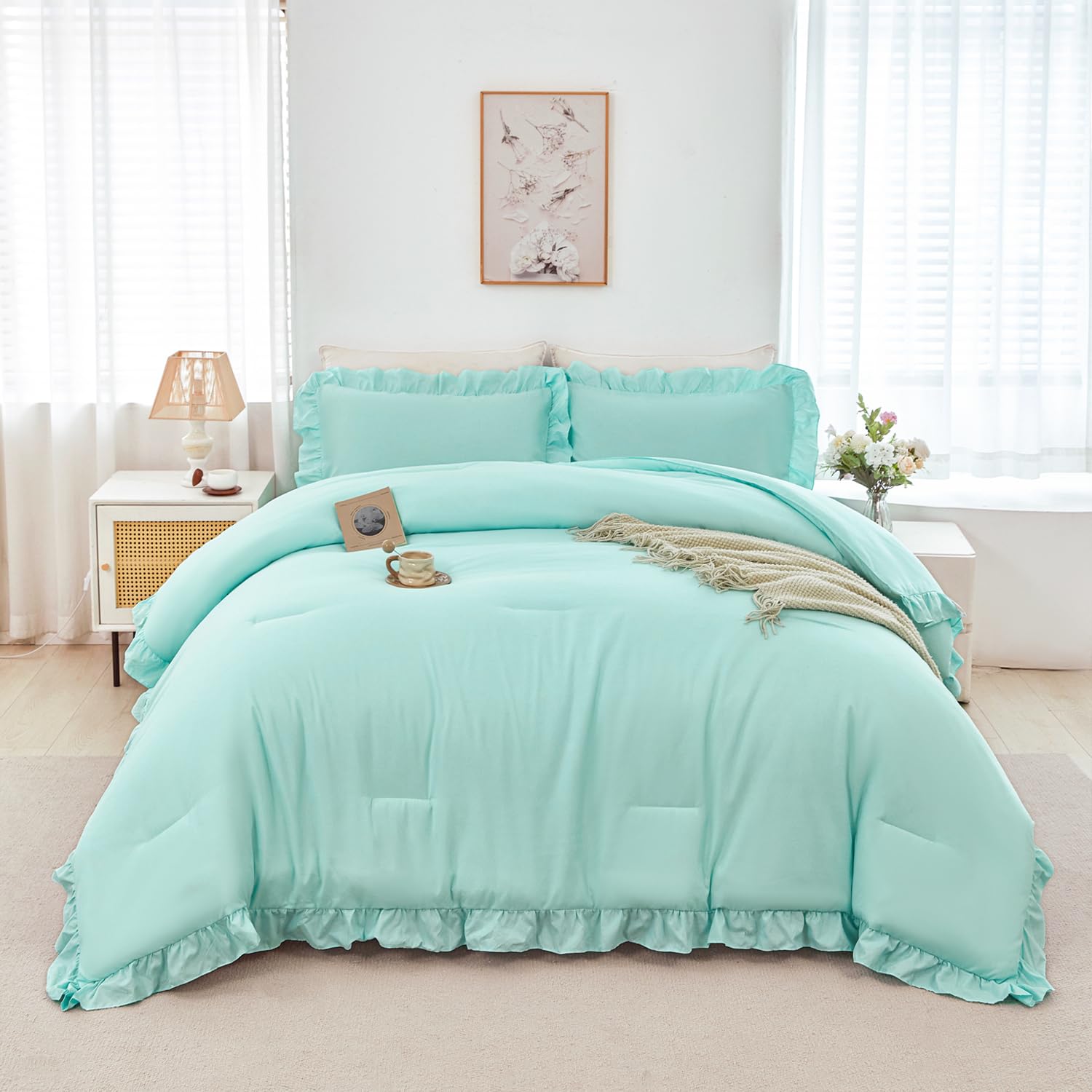 ANGIYUIN 5 Pieces Mint Green Full Bed in A Bag Ruffle Bedding Sets Solid Ruffled Comforter Set Vintage Farmhouse Bedding Comforter Sets with Sheets