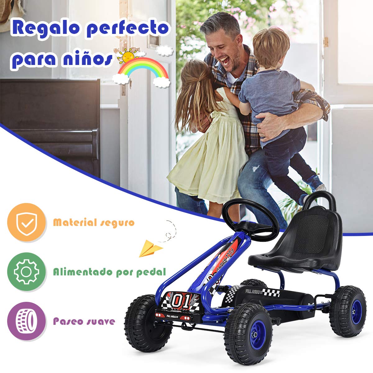 COSTWAY Go Kart de Pedales para Niños con 4 Ruedas Antideslizantes Asiento Envolvente y Freno de Mano, para Niños y Niñas (Azul)