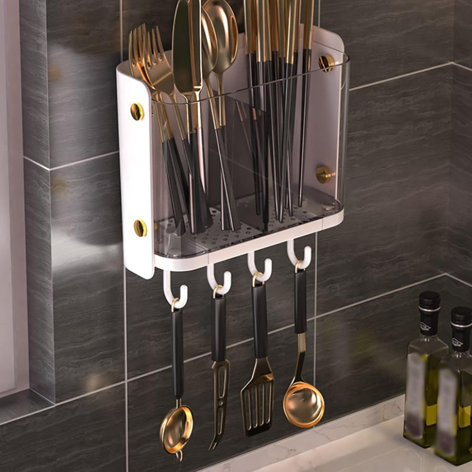 Chopstick Racks Light luxury chopsticks cage storage box barrel household kitchen tableware spoon hanging wall drain shelf air drying basket(Chopstick Cage White)