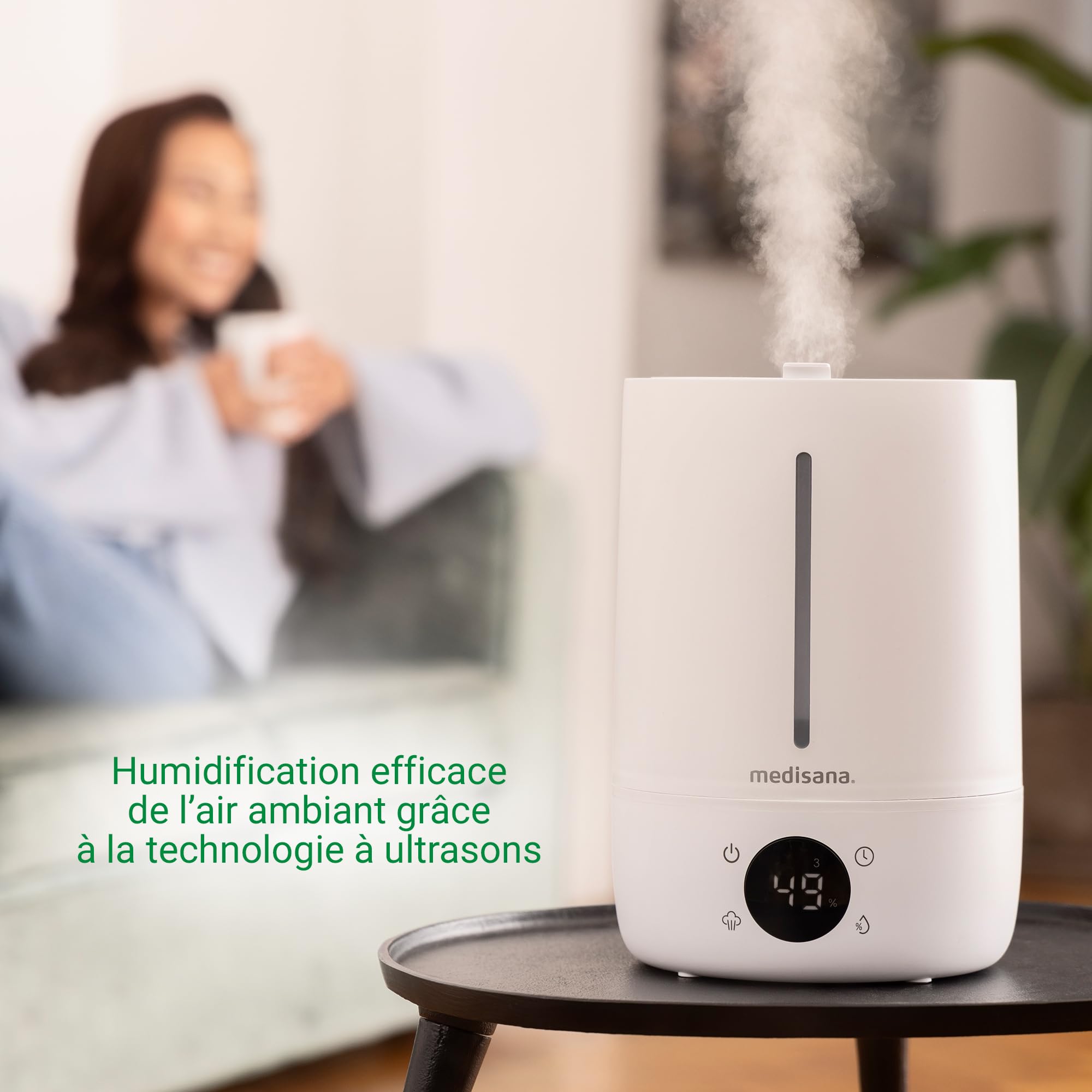 medisana AH 663 Humidificateur d'air chambre avec hygromètre et technologie à ultrasons, purificateur d'air avec affichage LED, minuterie et mode sommeil, diffuseur electrique pour bébé