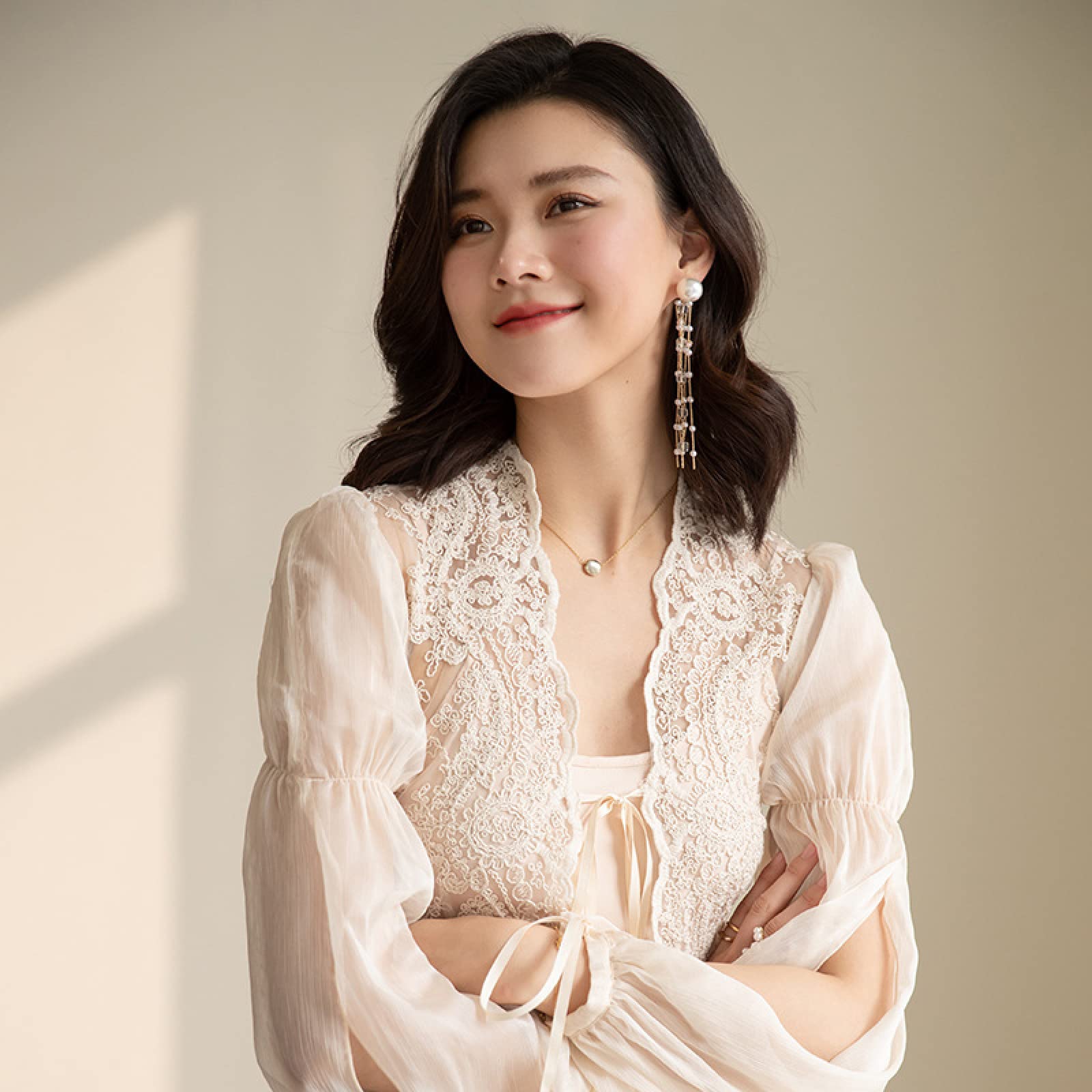 OFFSUM Camisón De Pijama De Mujer - Elegante Primavera Verano Dulce Ropa De Dormir Princesa Novia Boda Bata Encaje Translúcido Dama De Honor Albornoz Loungewear,Albaricoque,M