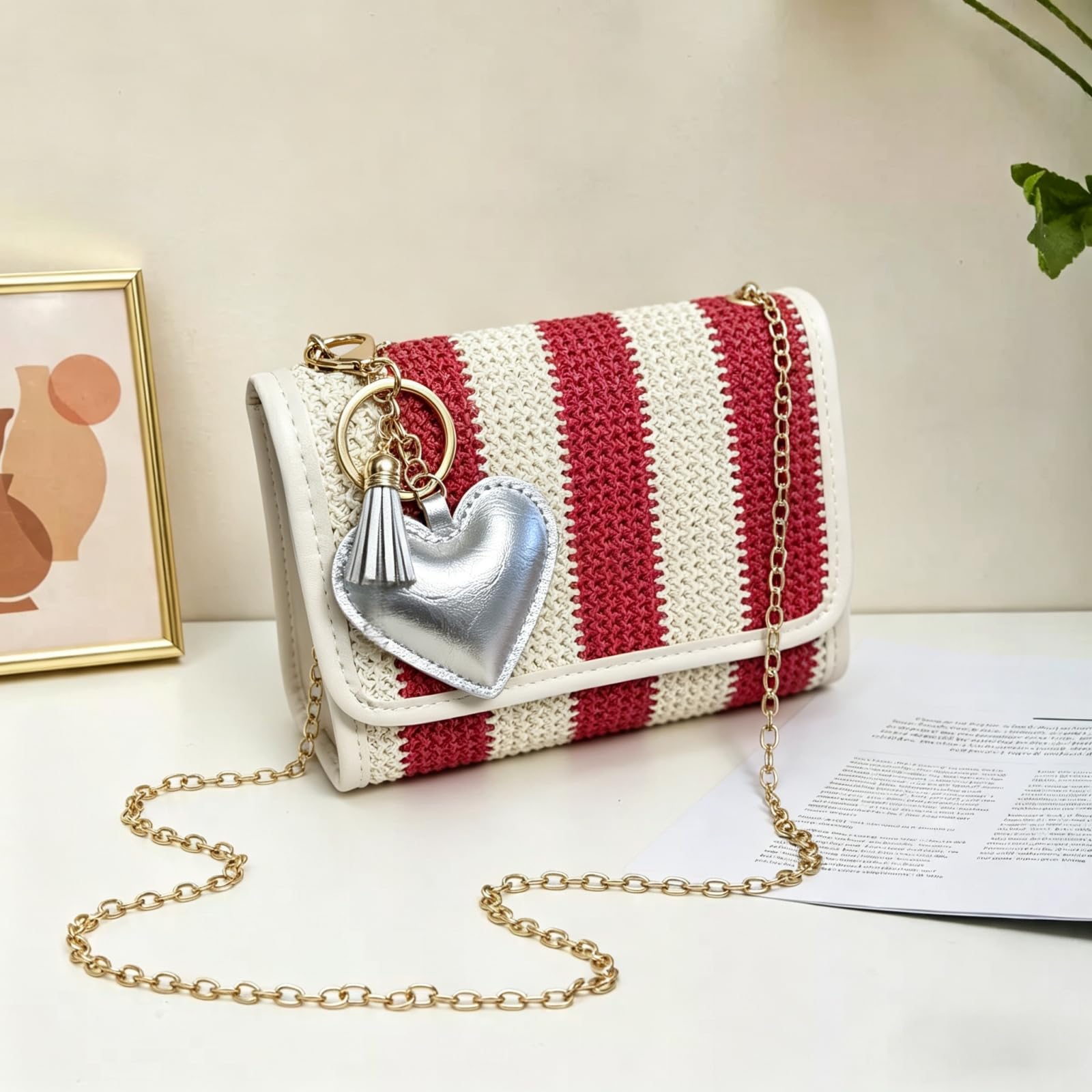 Borsa di Paglia Donna Borse da Donna, Fotocamera A Colori Bloccati, Tessute Righe Stampate, Crossbody Elegante-Khaki