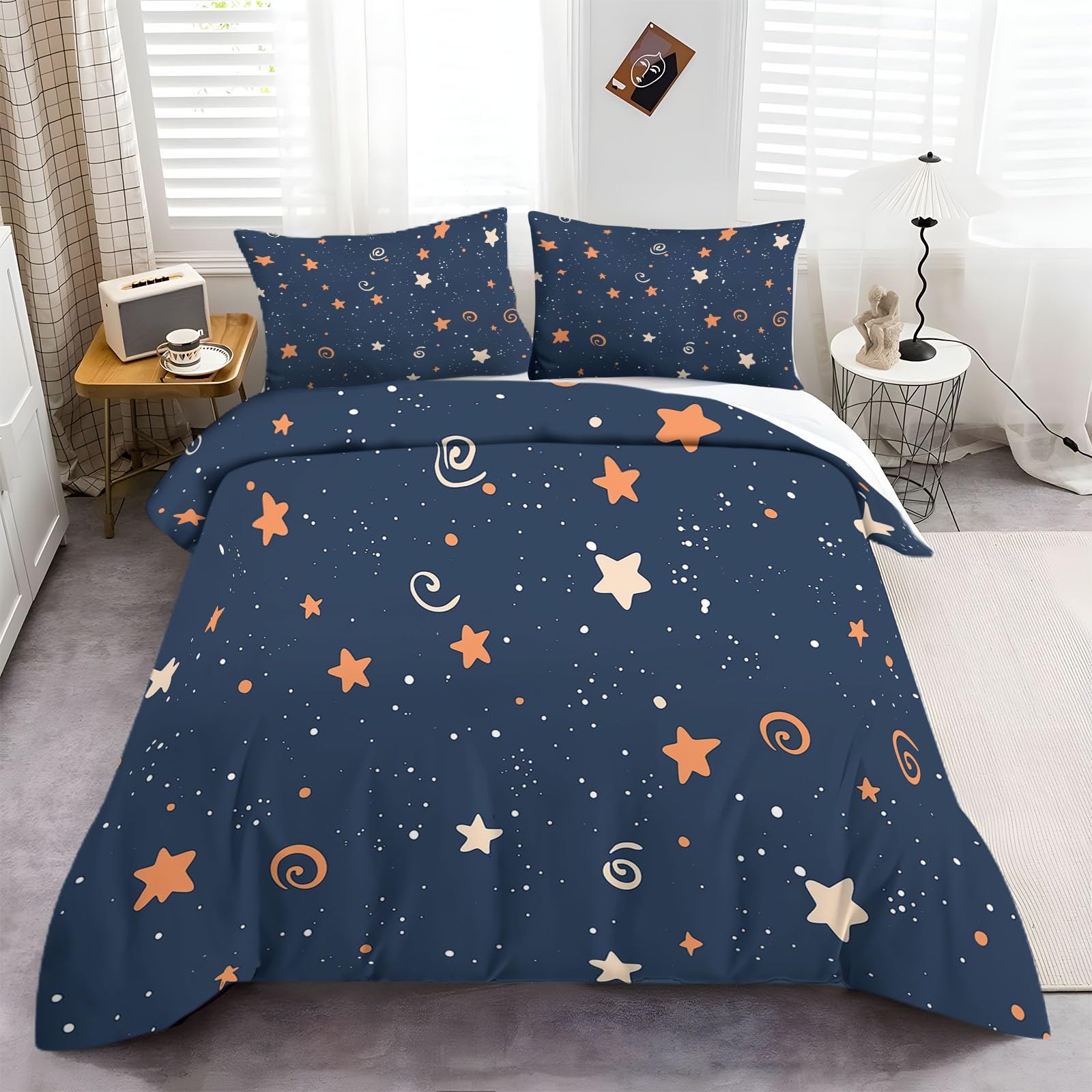 CozyRest Funda Nórdica Cama 105-200 x 200 cm Suave Transpirable, Cielo Estrellado Patrón Azul Marino Microfibra Juego de Fundas Edredón 1 Funda Nórdica + 2 Fundas de Almohada 50x75cm