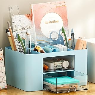 Organisateur de Bureau Multifonctionnel, Rangement en Plastique avec 5 Compartiments, 2 Tiroirs Coulissants, Organisateur de Maquillage Boîte à Cosmétique pour Maison École Bureau (Bleu)