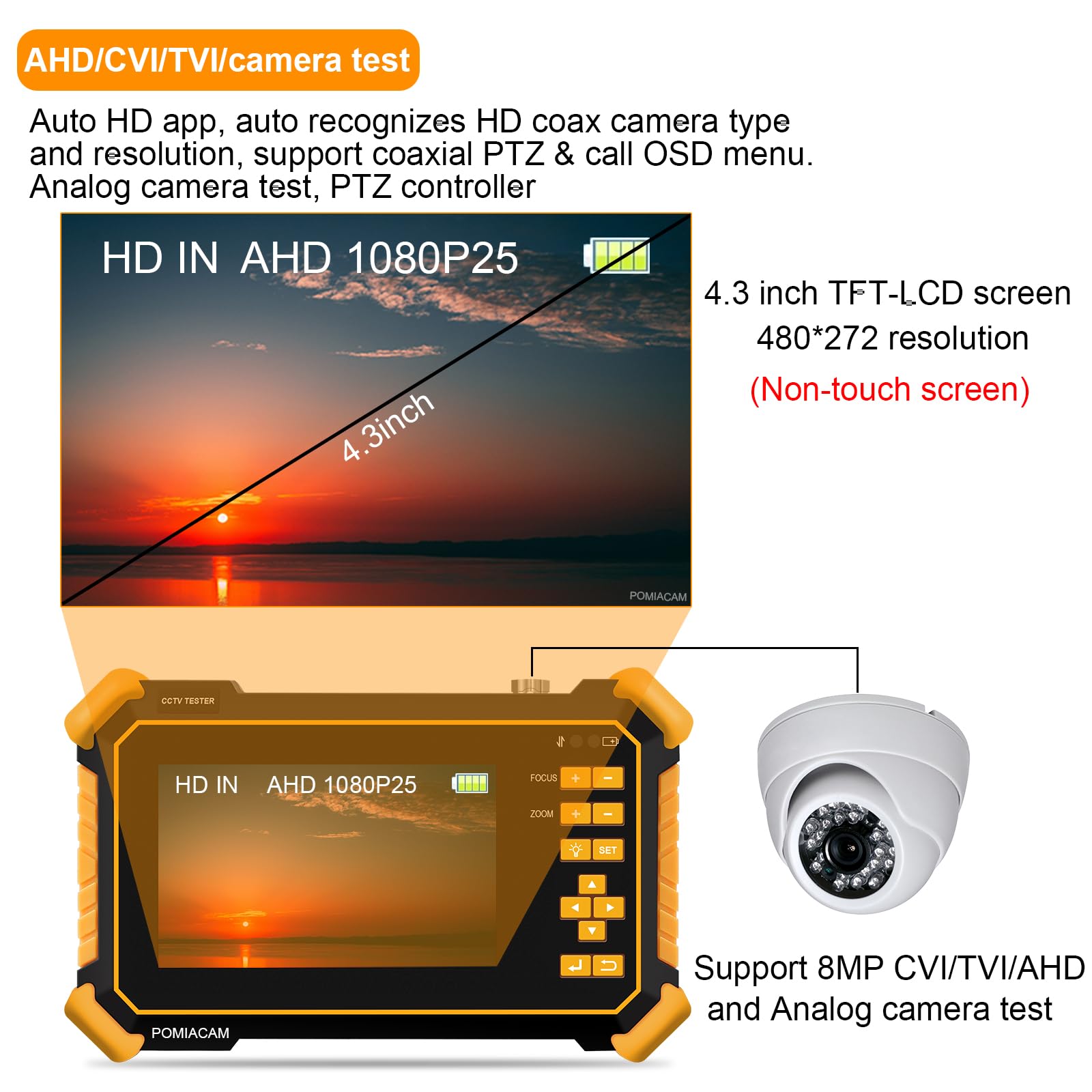 CCTV Tester Monitor HD-2900 Pantalla TFT LCD de 4.3 "4K 8MP CVI TVI AHD CVBS Video analógico HD Probador de cámara coaxial Batería incorporada de 4000 mAh Potencia de salida DC12V