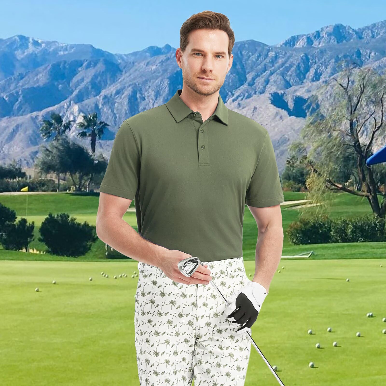 M MAELREG Mens Golf Shirt Short Sleeve Pique Cotton Solid Casual Lightweight Collared Dry Fit Polo Shirts for Men Olive Green